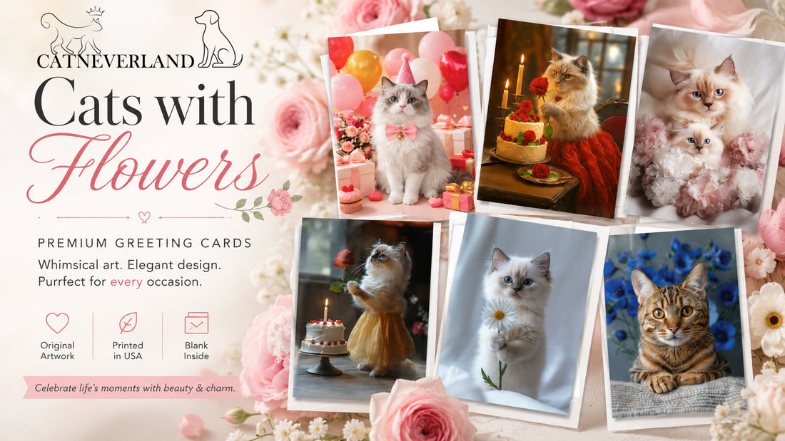 Elegant Whiskers & Floral Charm: Discover CatNeverland’s Cats with Flowers Greeting Card Collection