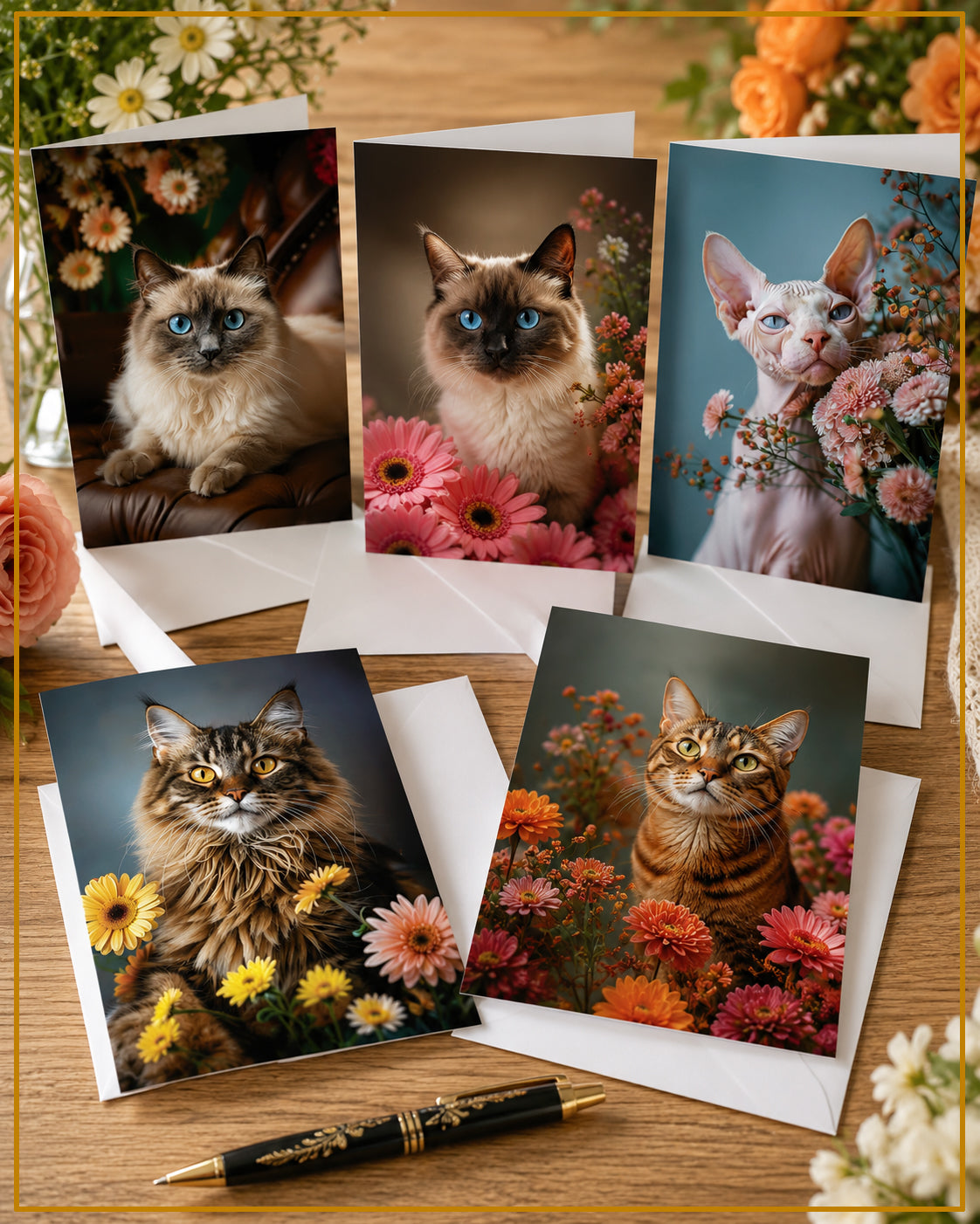 Cats with Flowers Cards
