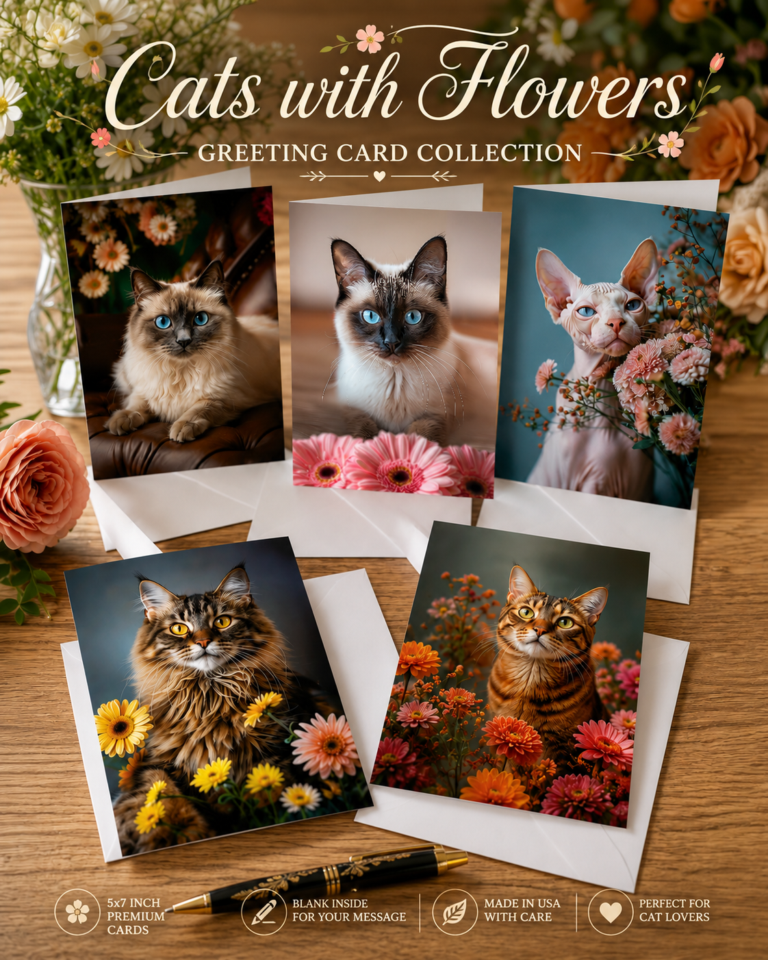 Cats with Flowers Cards