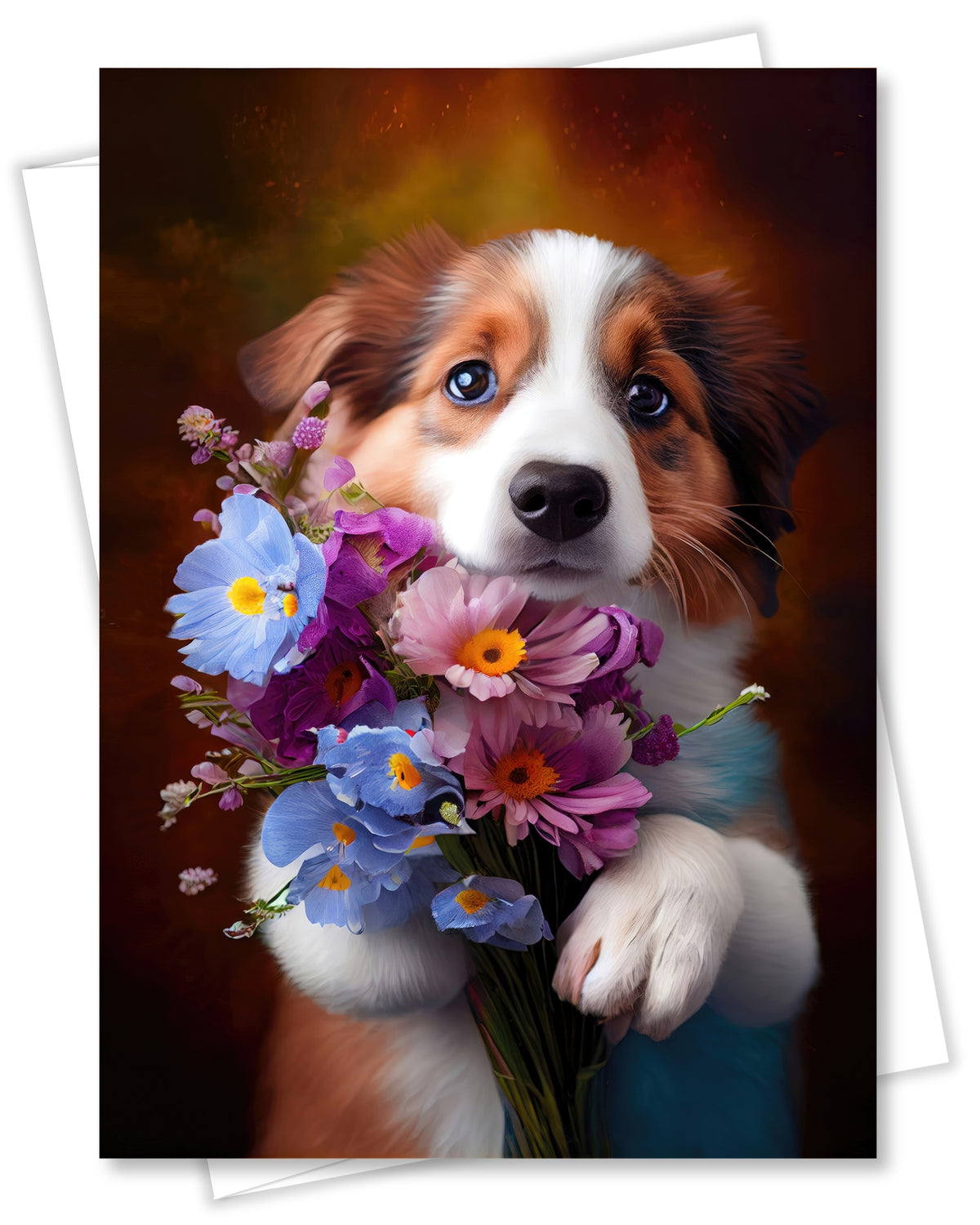 Australian Shepherd with Flowers All Occasions Greeting Card from Unique Dogs Party Delights Collection Large 5x7 Inch Blank Inside with White Envelope