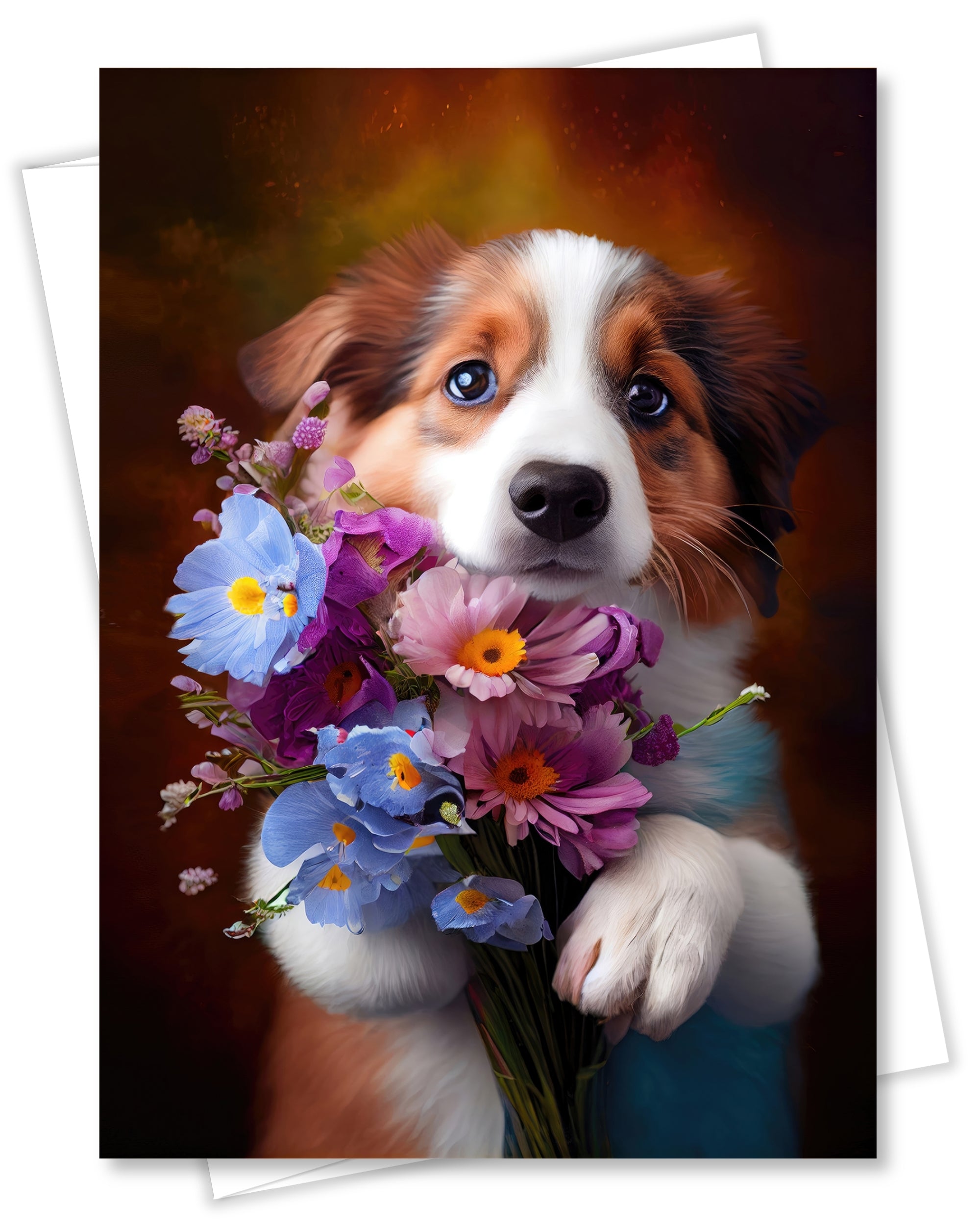 Australian Shepherd with Flowers All Occasions Greeting Card from Unique Dogs Party Delights Collection Large 5x7 Inch Blank Inside with White Envelope