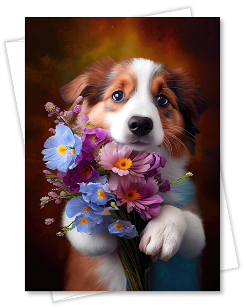 Australian Shepherd with Flowers All Occasions Greeting Card from Unique Dogs Party Delights Collection Large 5x7 Inch Blank Inside with White Envelope