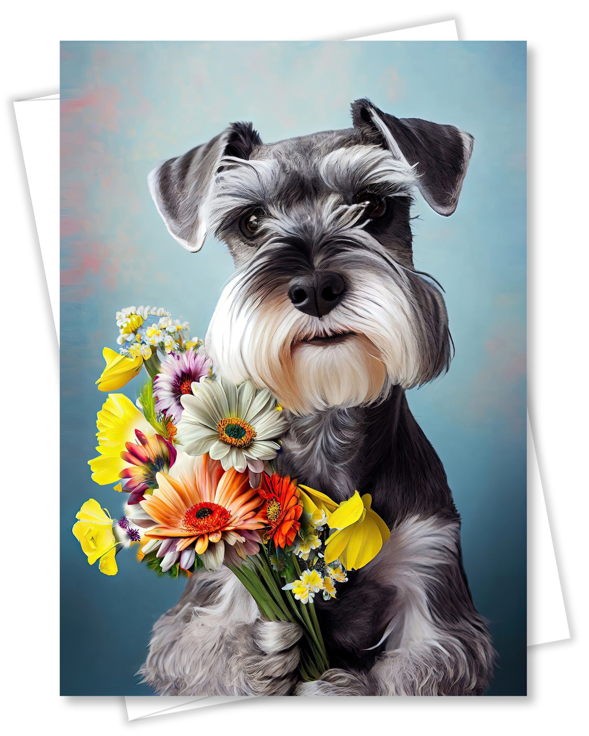 Schnauzer with Flowers All Occasions Greeting Card from Unique Dogs Party Delights Collection Large 5x7 Inch Blank Inside with Envelope