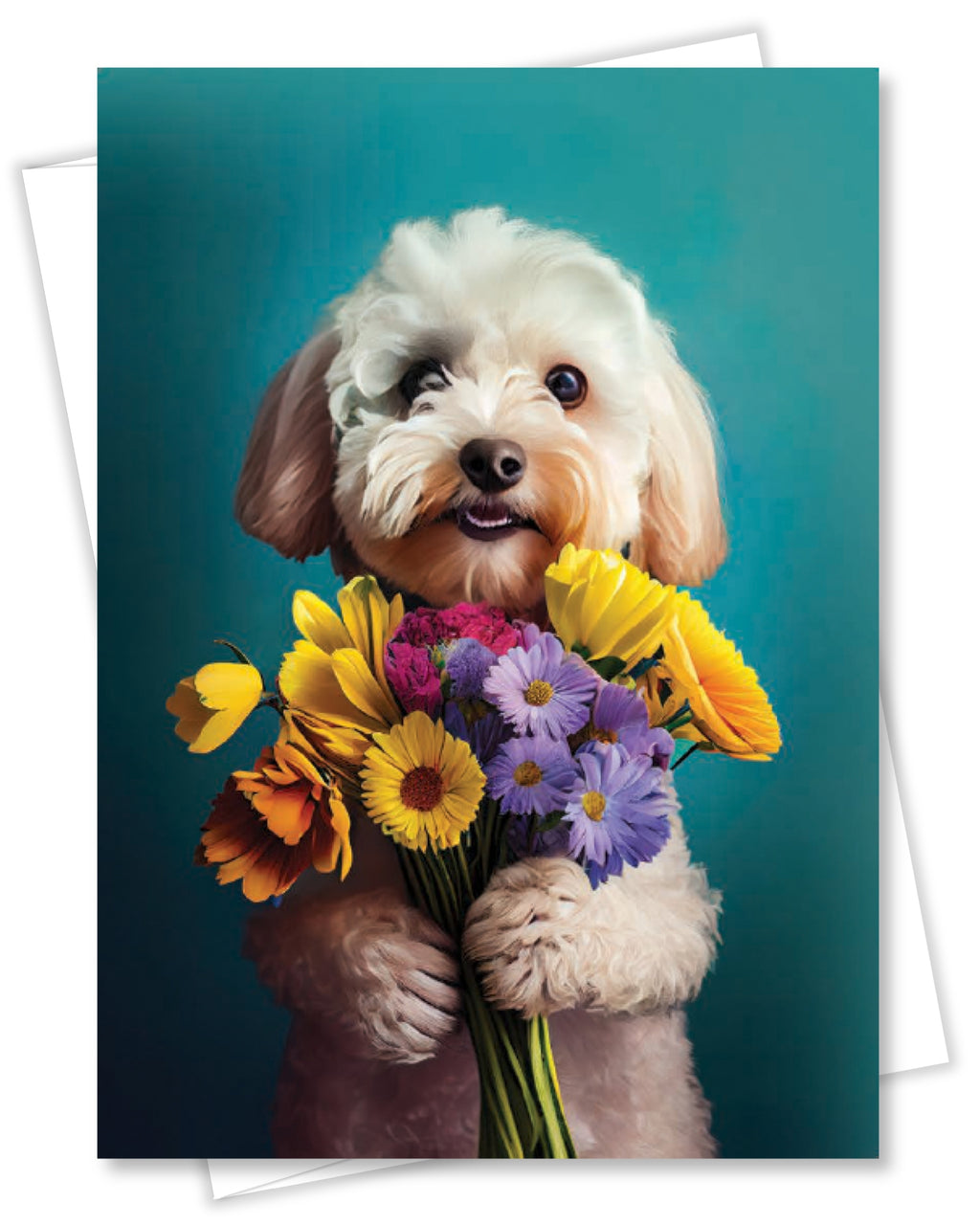 White Poodle with Flowers All Occasions Greeting Card from Unique Dogs Party Delights Collection Large 5x7 Inch Blank Inside with White Envelope