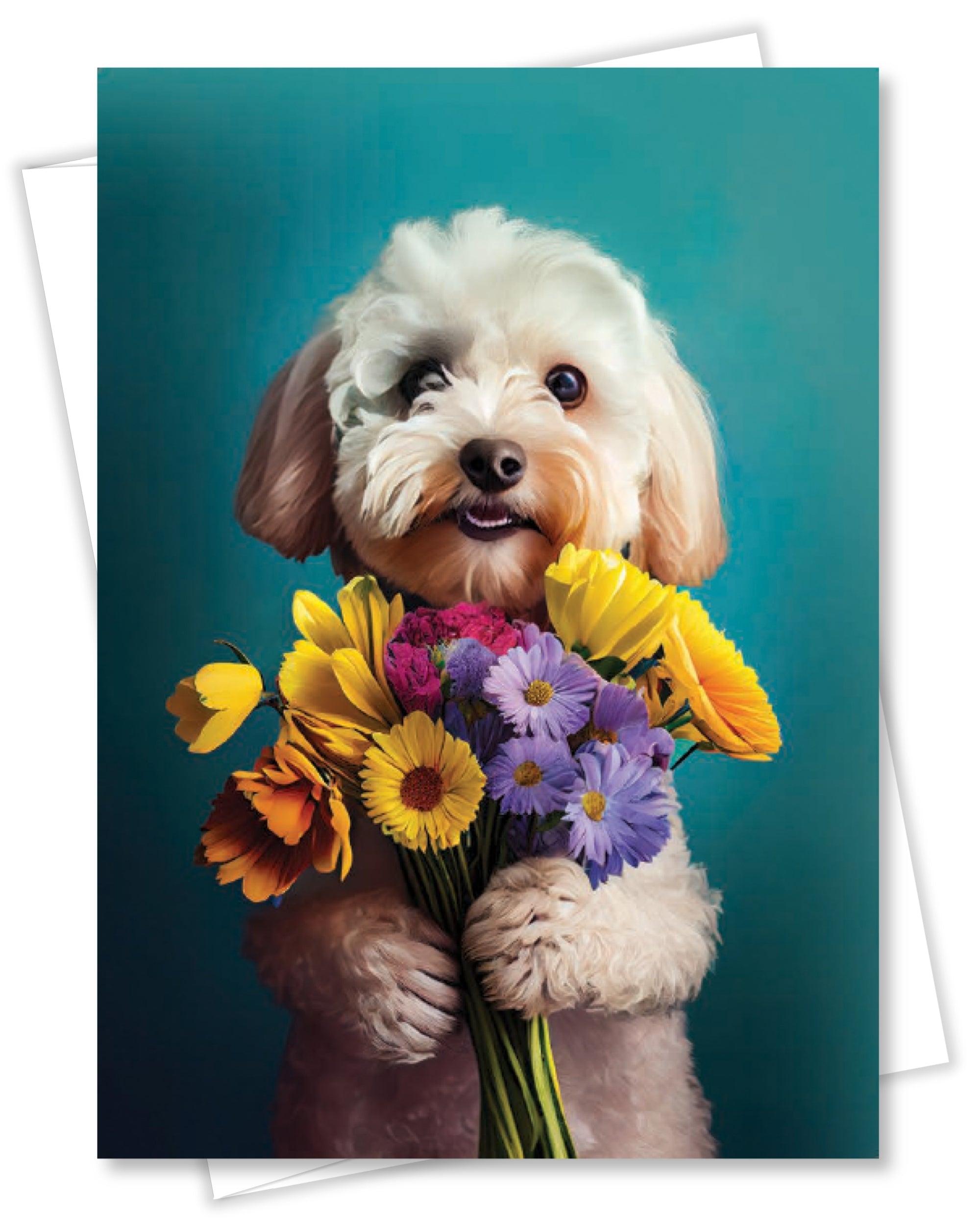 White Poodle with Flowers All Occasions Greeting Card from Unique Dogs Party Delights Collection Large 5x7 Inch Blank Inside with White Envelope