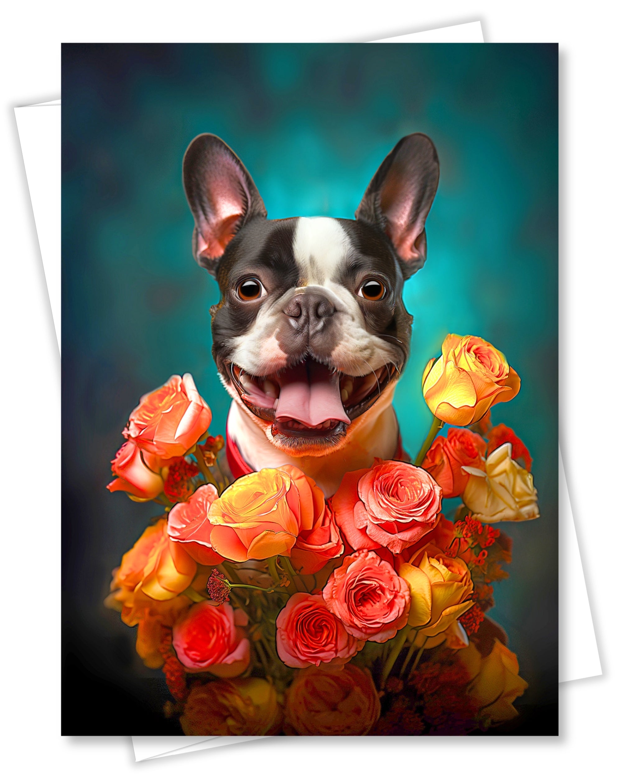 Boston Terrier with Flowers All Occasions Greeting Card from Unique Dog Party Delights Collection Large 5x7 Inch Blank Inside with White Envelope