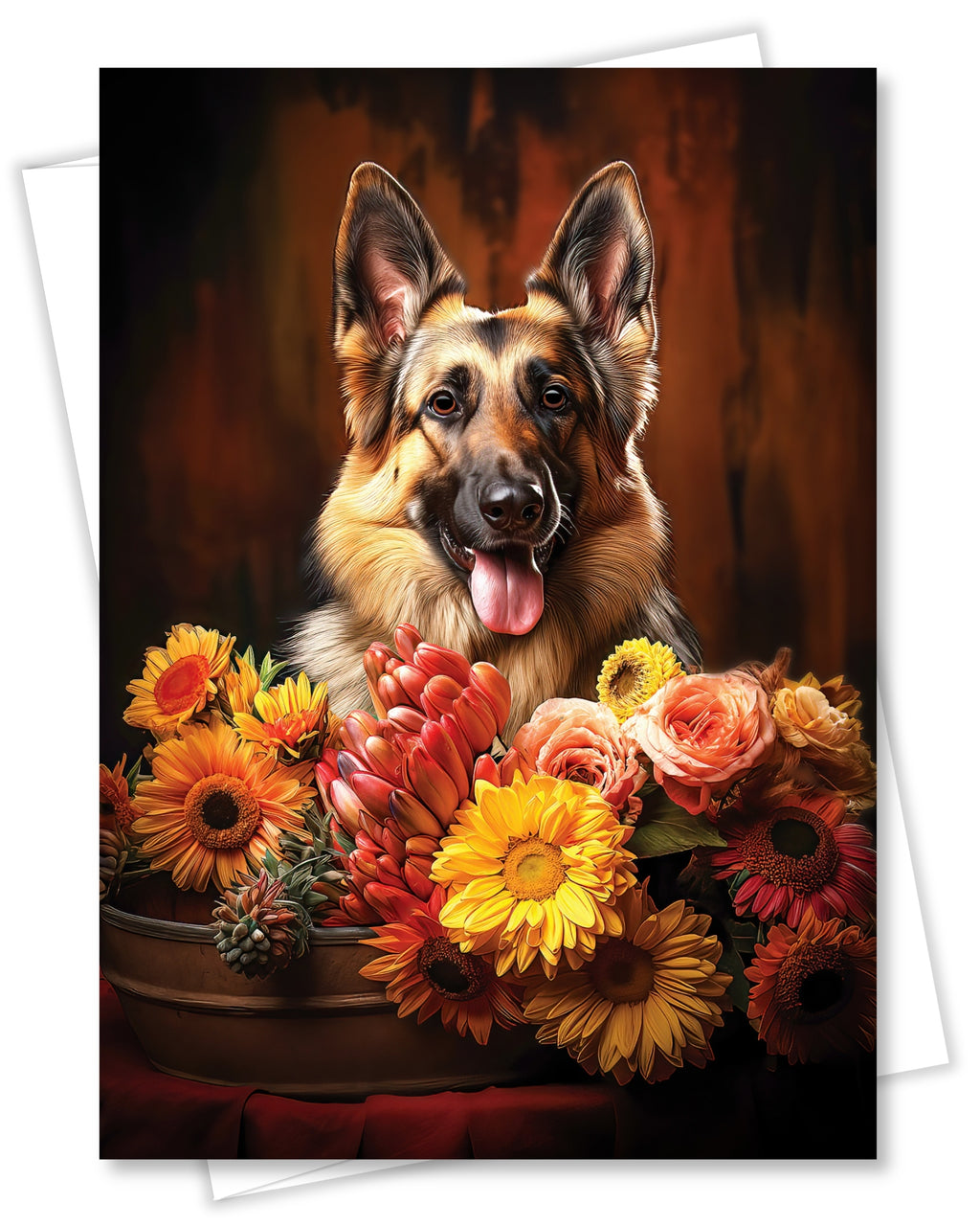 German Shepherd with Flowers All Occasions Greeting Card from Unique Dogs Party Delights Collection Large 5x7 Inch Blank Inside with White Envelope