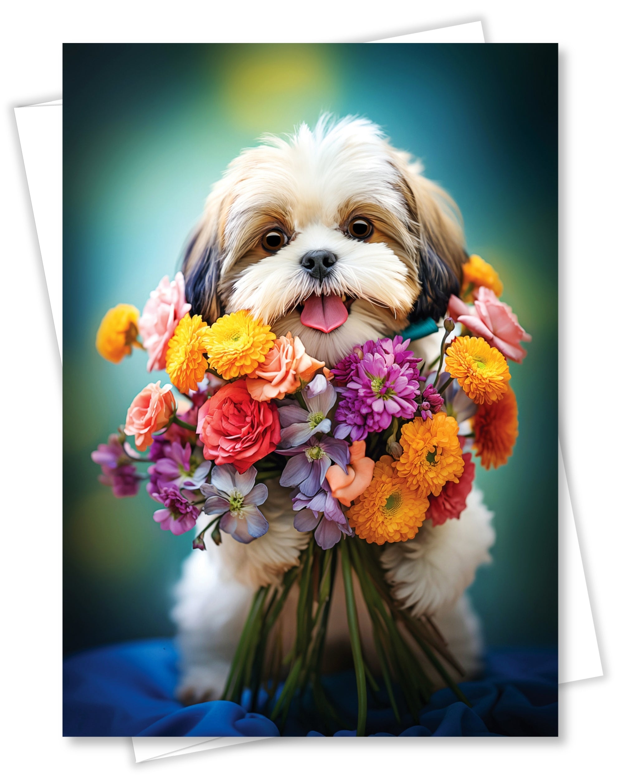 Shih Tzu with Flower All Occasions Greeting Card - 5x7 Inch, Collection Dogs with Flowers, Premium Cardstock, Blank Inside, White A7 Envelope, Eco-Friendly