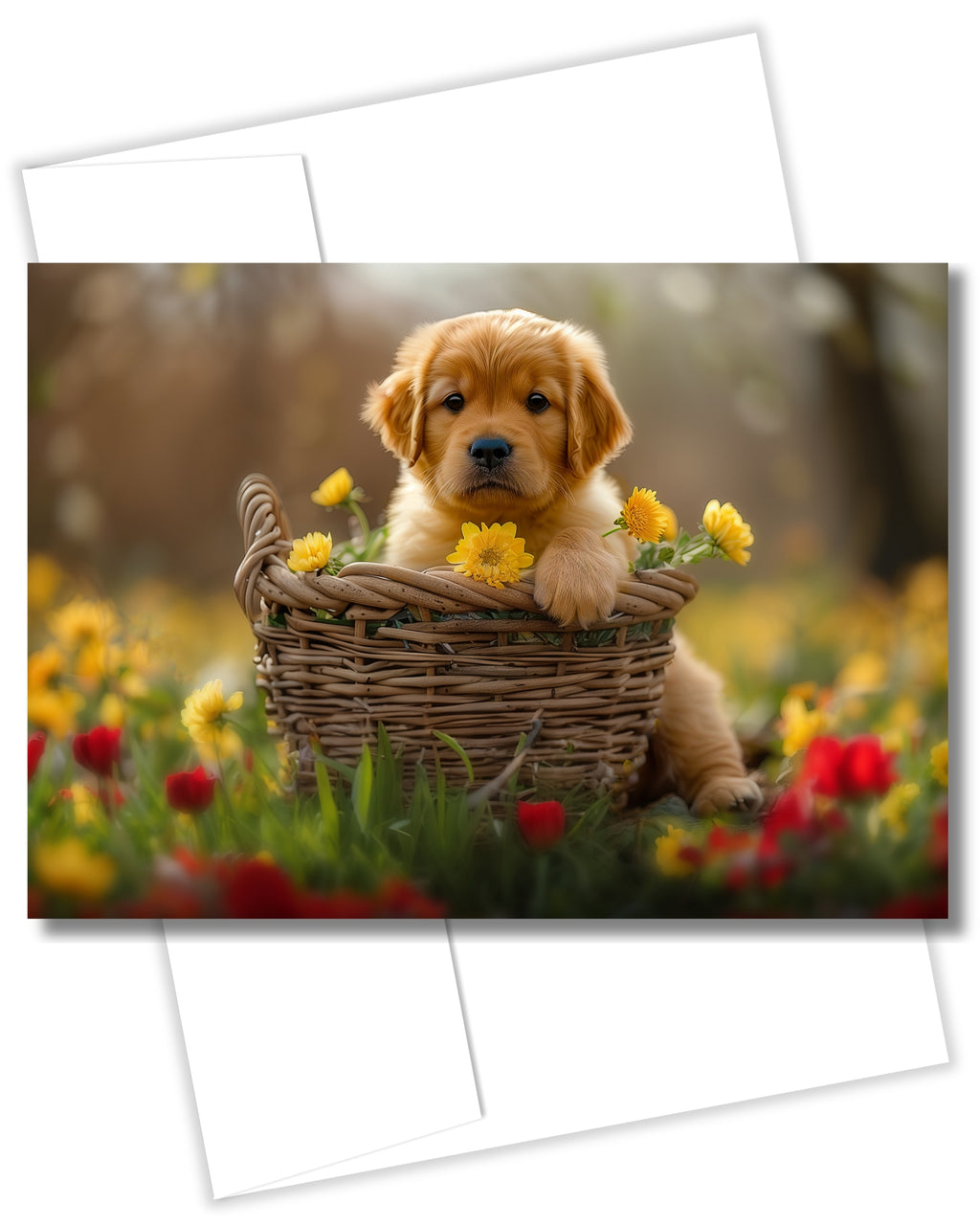 Golden Retriever Puppy All Occasions Greeting Card - Dog with Flowers from Unique Dogs Party Delights Collection - Large 5x7 Inch - Blank Inside with White Envelope