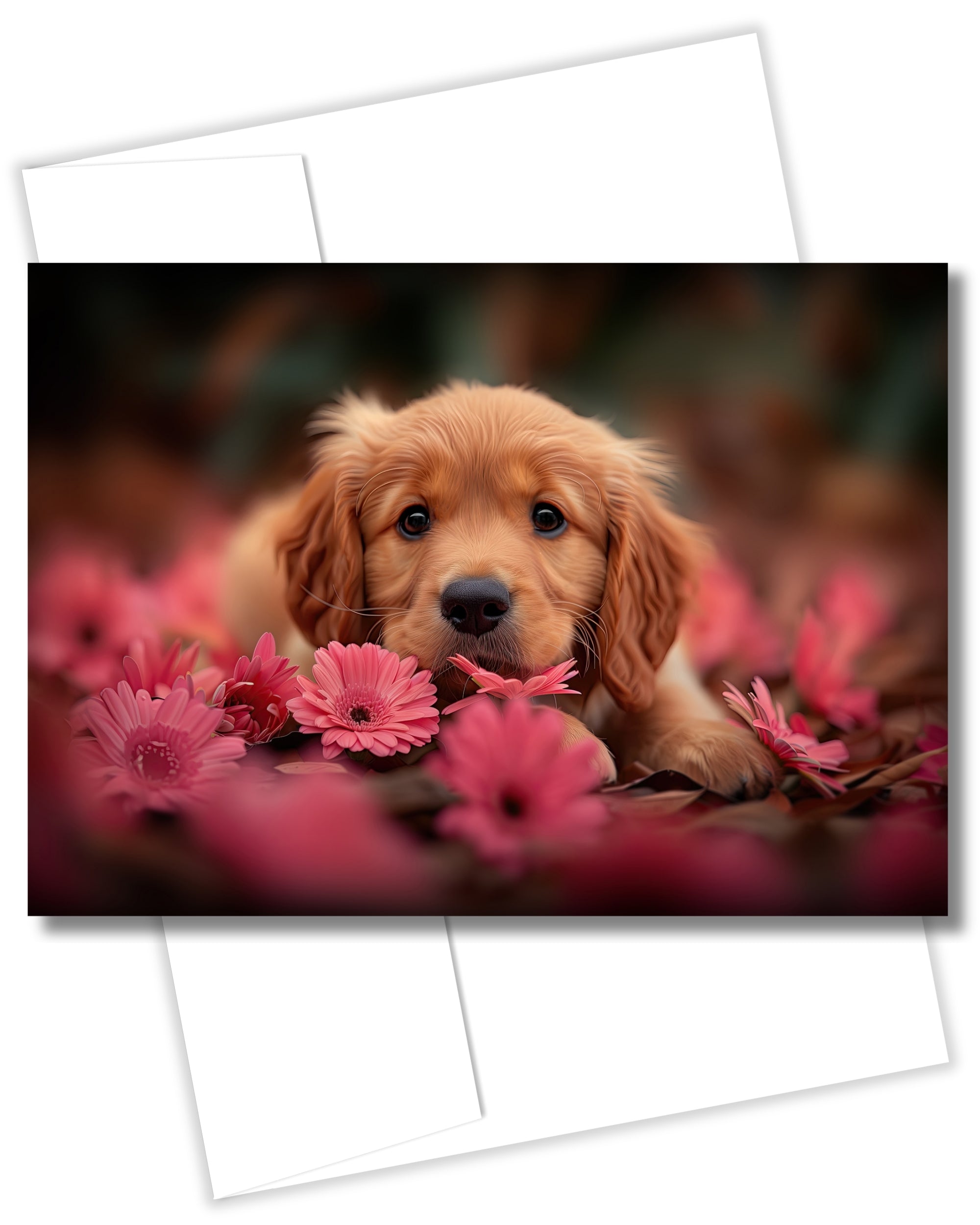 Golden Retriever Puppy with Pink Flowers All Occasions Greeting Card from Unique Dogs Party Delights Collection Large 5x7 Inch Blank Inside with Envelope