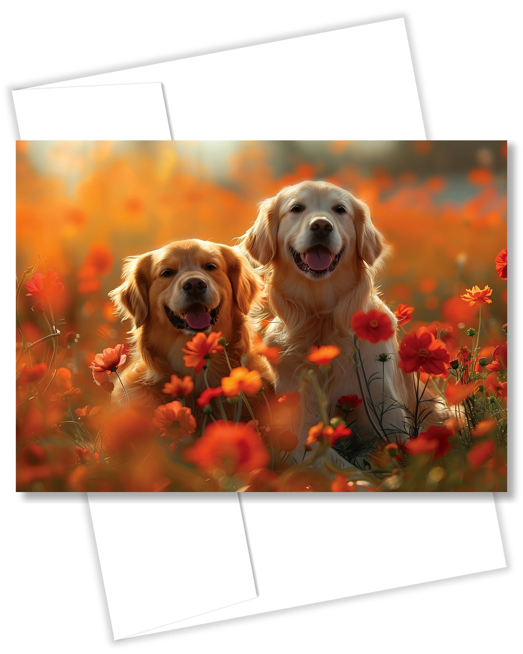 Golden Retrievers in Flower Garden All Occasions Greeting Card from Unique Dogs Party Delights Collection Large 5x7 Inch Blank Inside with Envelope