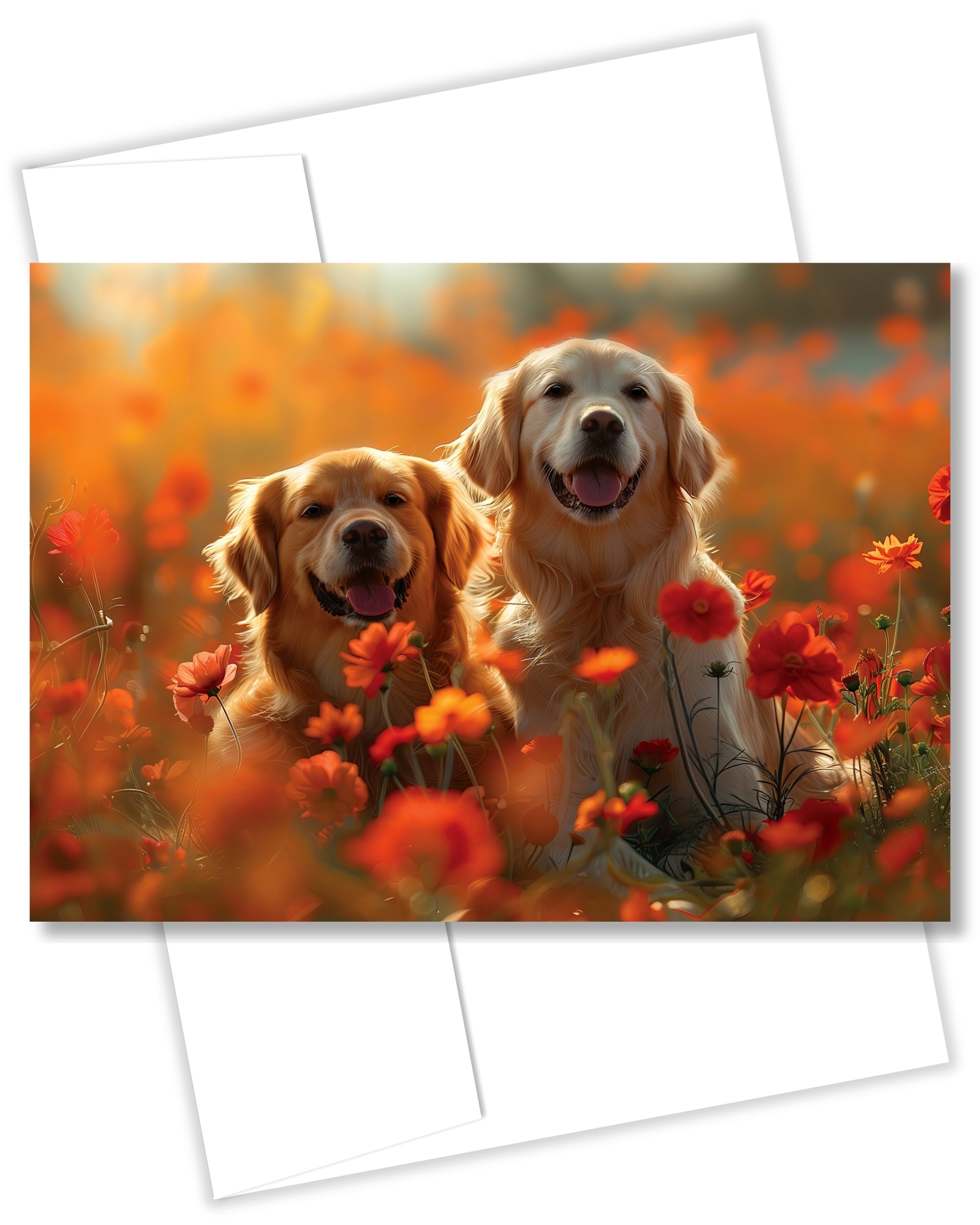 Golden Retrievers in Flower Garden All Occasions Greeting Card from Unique Dogs Party Delights Collection Large 5x7 Inch Blank Inside with Envelope