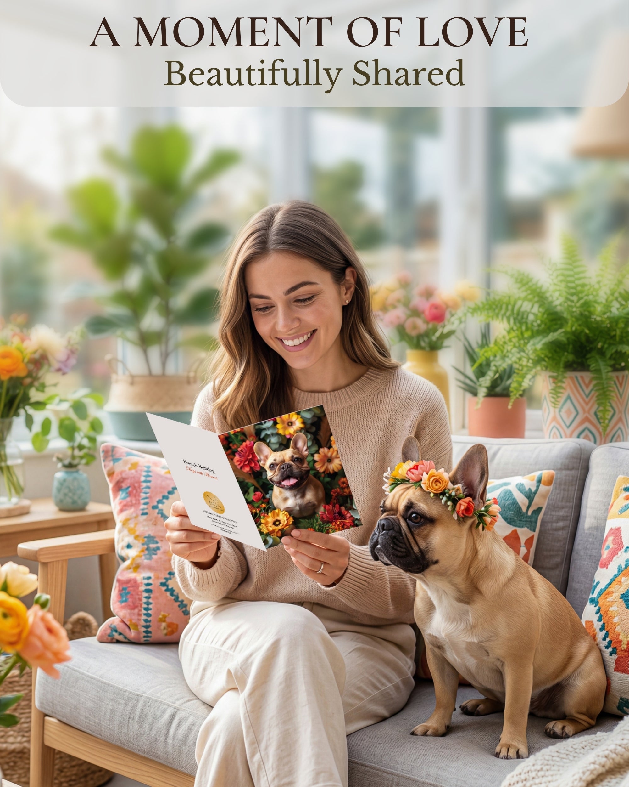 French Bulldog with Flowers All Occasions Greeting Card - Dog with Flowers from Unique Dogs Party Delights Collection - Large 5x7 Inch - Blank Inside with White Envelope