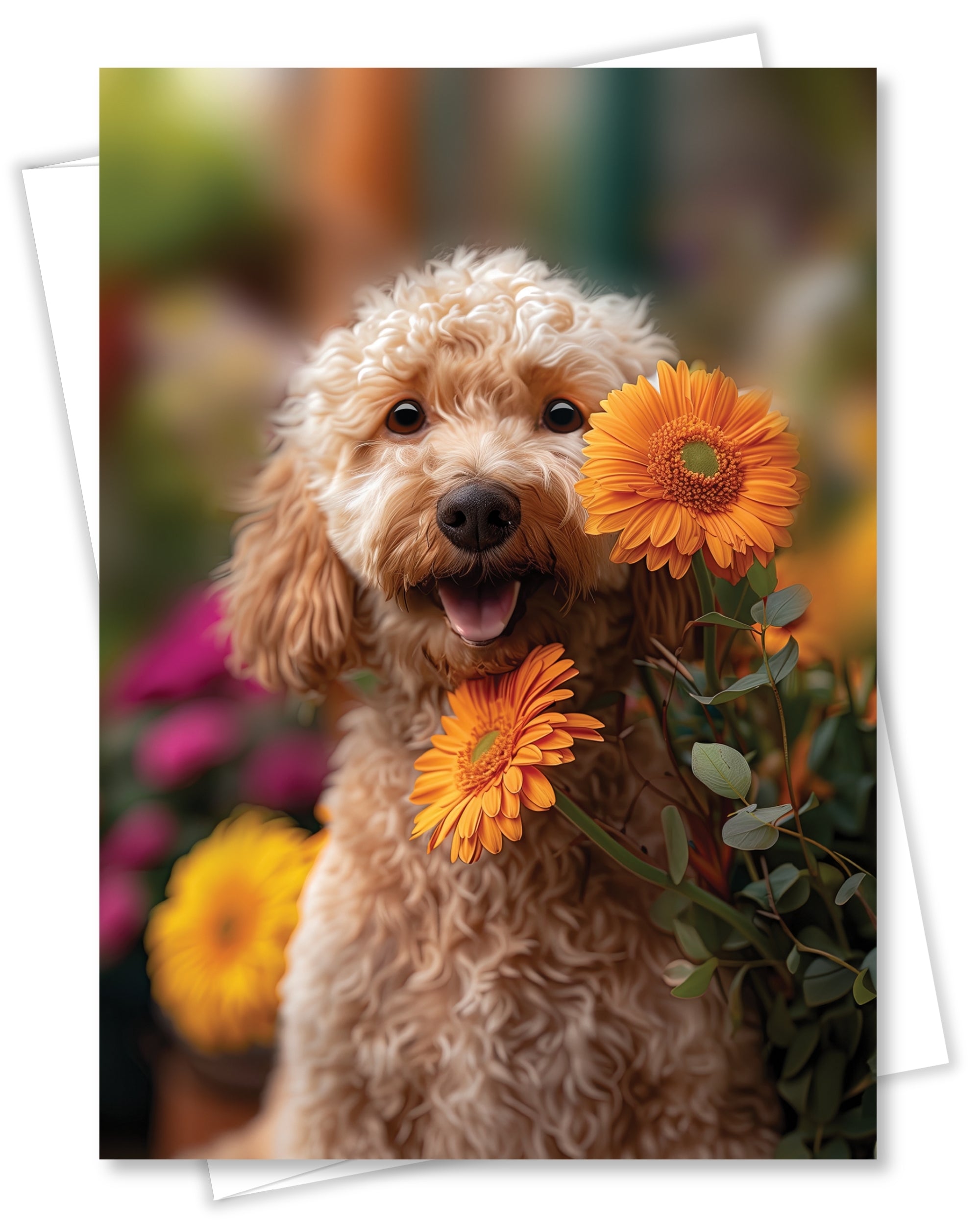 Goldendoodle with Orange Flowers All Occasions Greeting Card from Unique Dogs Party Delights Collection Large 5x7 Inch Blank Inside with Envelope