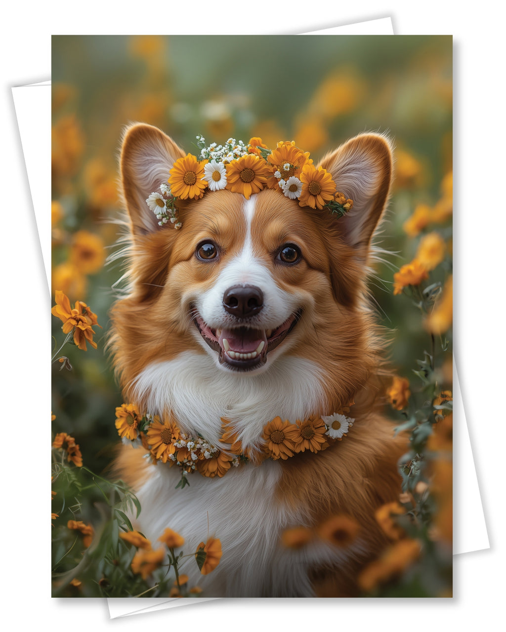 Charming Corgi with Flowers Greeting Card - Blank Inside for Personalized Messages, Premium Cardstock, Invitation Style White Envelope, Unique Artwork, Made by Small Business in USA
