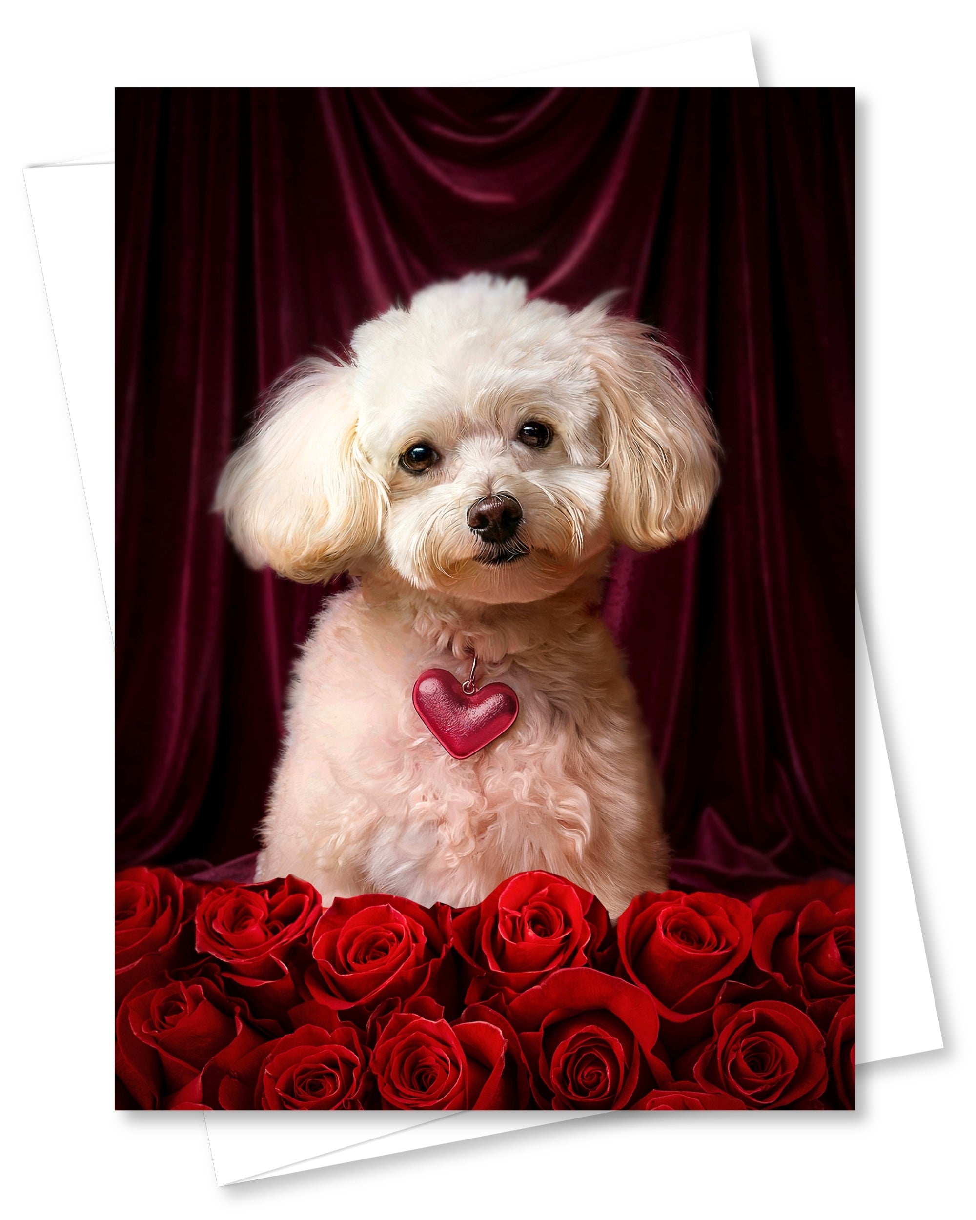 White Poodle with Roses Greeting Card for Anniversary, Birthday, Sweet Sixteen, Mother's Day & Valentines Day – Elegant Dog Lover Card, Blank Inside, Premium 5x7 Card with Red Envelope, Made in USA, Celebrate Collection