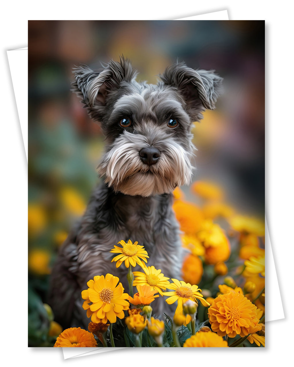 Schnauzer with Yellow Flowers All Occasions Greeting Card from Unique Dogs Party Delights Collection Large 5x7 Inch Blank Inside with Envelope
