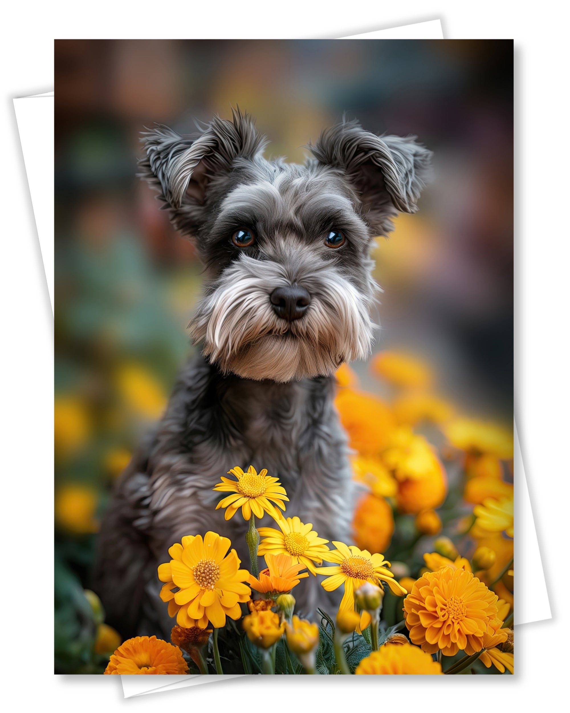 Schnauzer with Yellow Flowers All Occasions Greeting Card from Unique Dogs Party Delights Collection Large 5x7 Inch Blank Inside with Envelope