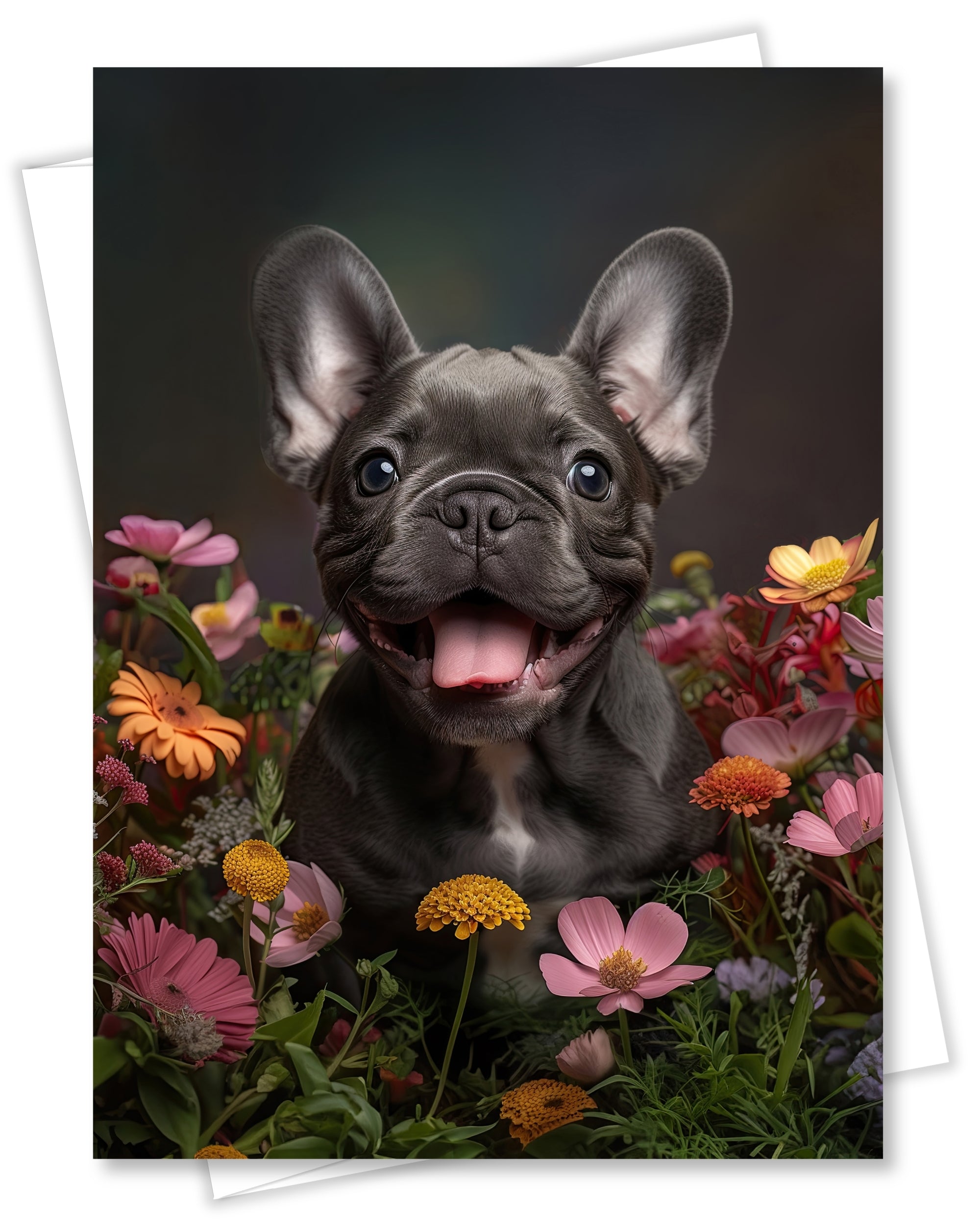 French Bulldog Puppy with Flowers All Occasions Greeting Card - Dog with Flowers from Unique Dogs Party Delights Collection - Large 5x7 Inch - Blank Inside with Invitation Style White Envelope