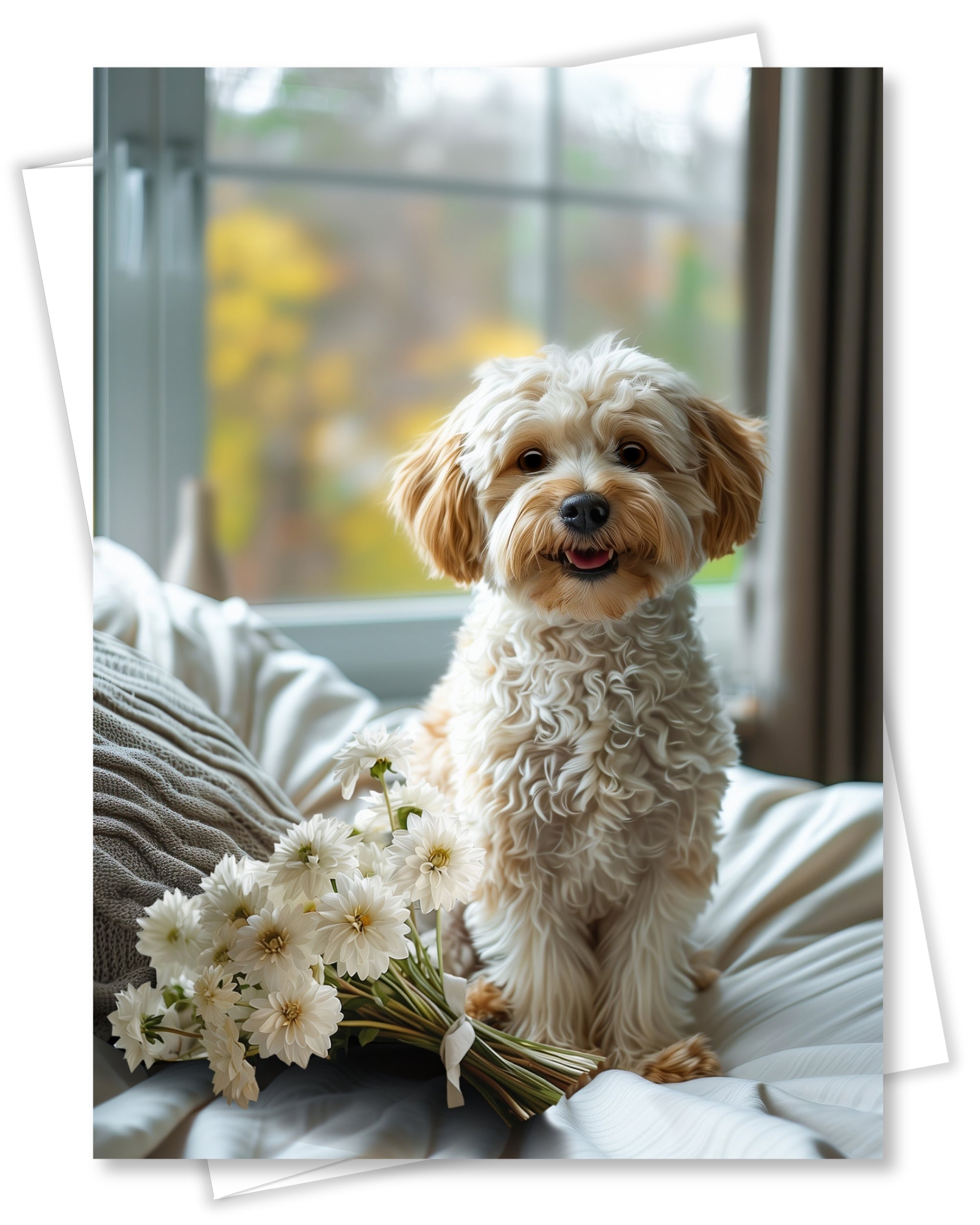 Cavapoo with Flowers All Occasions Greeting Card - Dog with Flowers from Unique Dogs Party Delights Collection - Large 5x7 Inch - Blank Inside with White Envelope