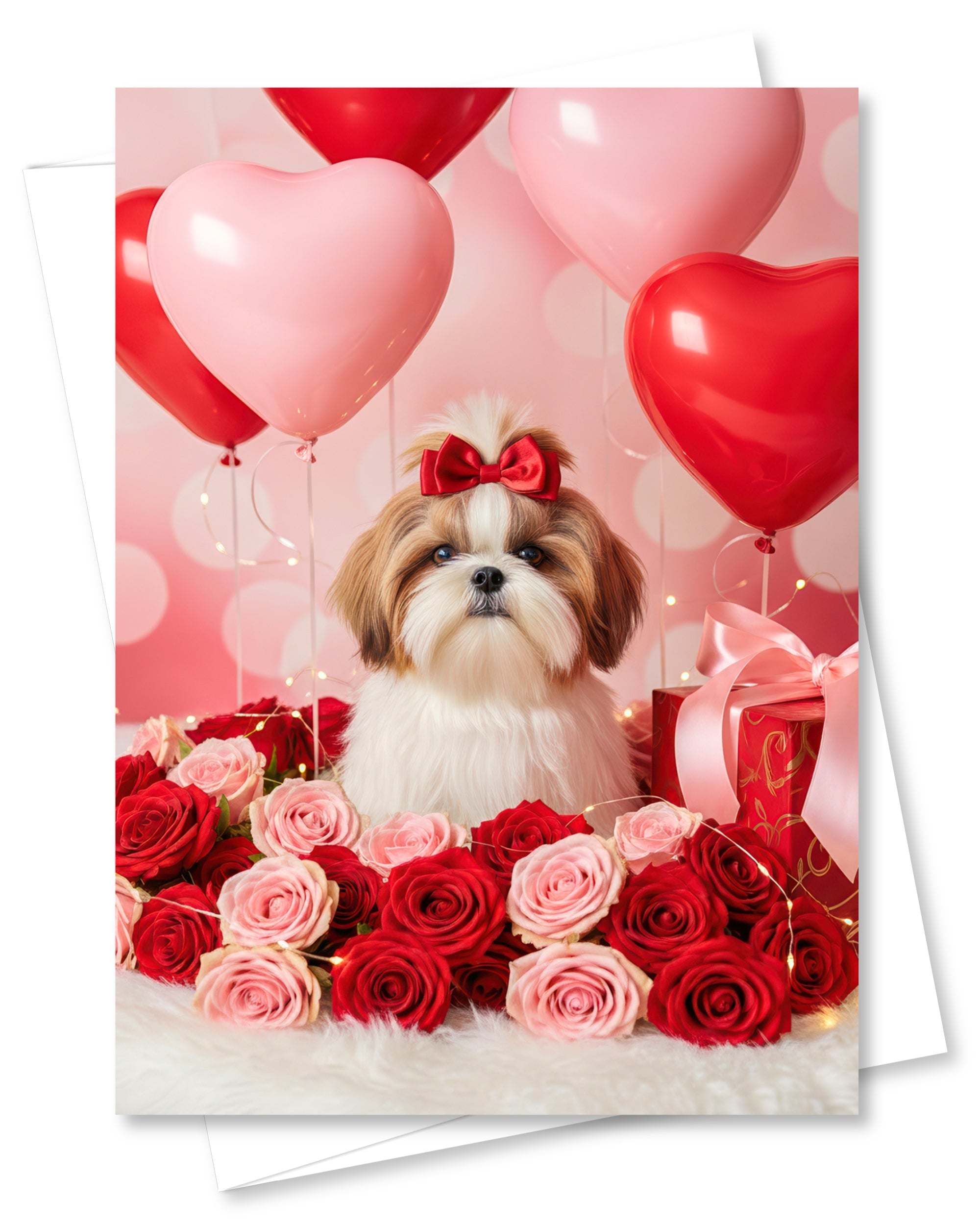 Shih Tzu Greeting Card with Roses – Romantic Dog Love Card for Anniversary Valentine's Day Birthday Sweet Sixteen – Premium 5x7 Blank Card for Pet Lovers, Celebrate Collection, Made in USA