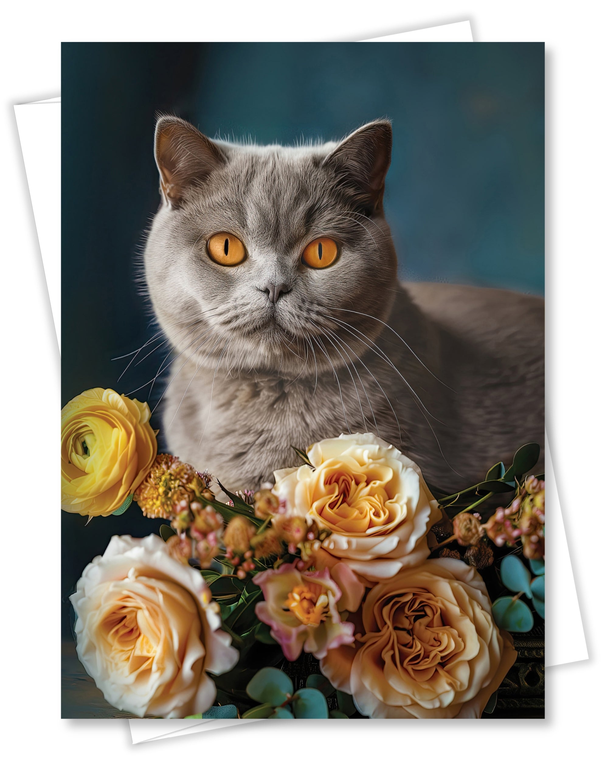 British Shorthair Cat Greeting Card 5x7 Inch Any Occasion Cats with Flowers Collection Premium Cardstock Blank Inside White Envelope Included Great Gift for Cat Lovers