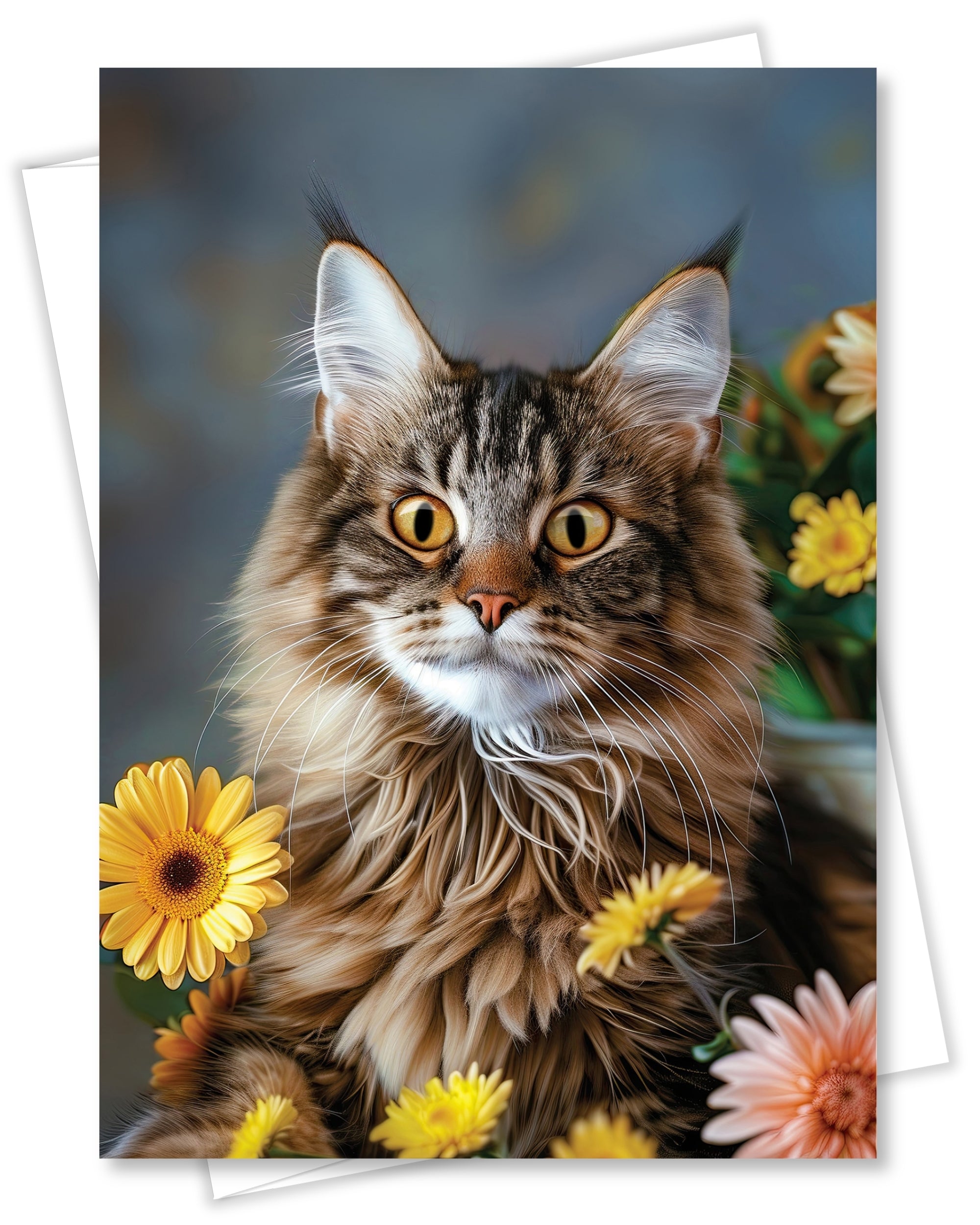 Maine Coon Cat Greeting Card 5x7 Inch Any Occasion from Cats with Flowers Collection Premium Cardstock Blank Inside White Envelope Great Gift for Cat Lovers