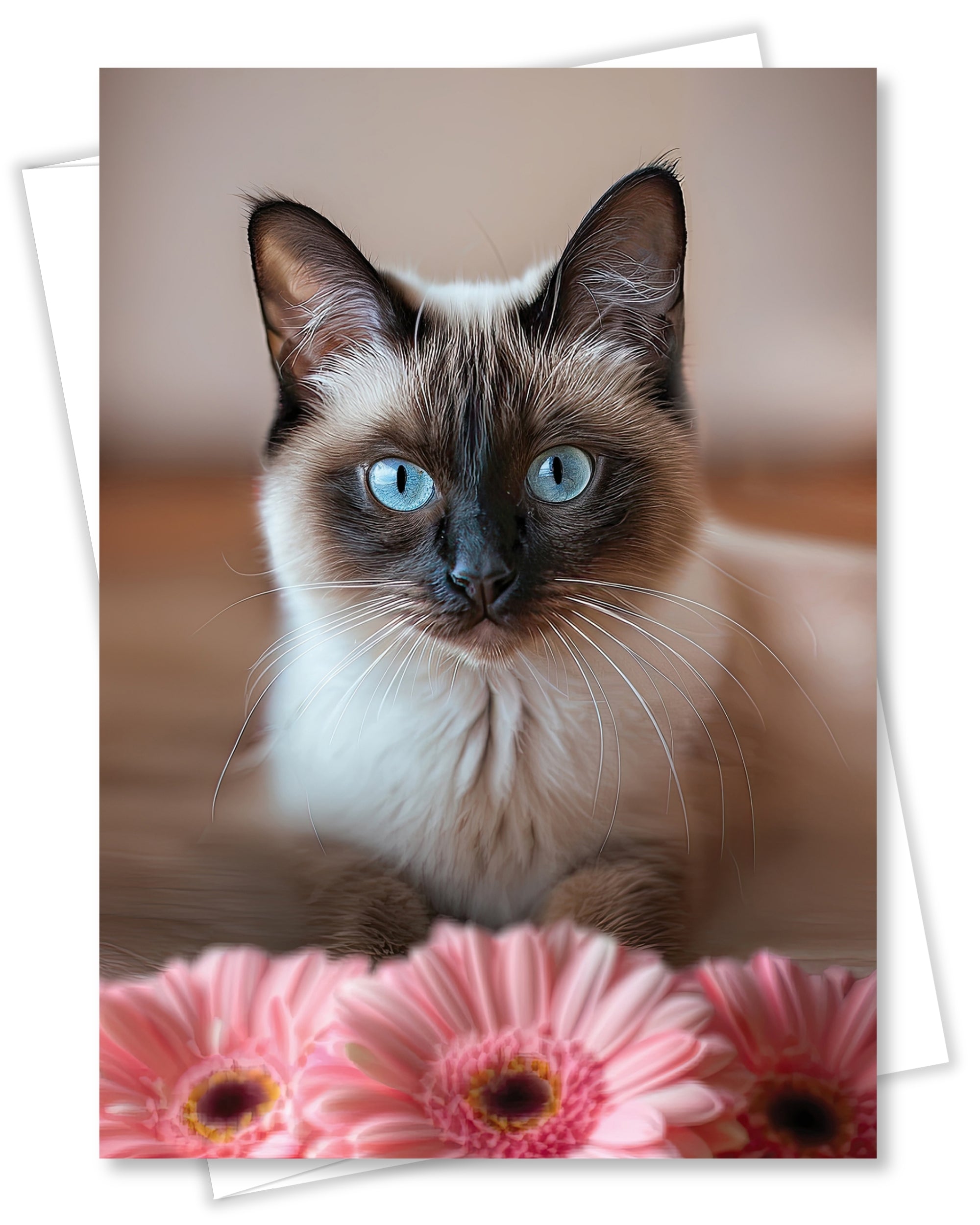 Siamese Cat Greeting Card 5x7 Inch Any Occasion from Cats with Flowers Collection Premium Cardstock Blank Inside White Envelope Great Gift for Cat Lovers
