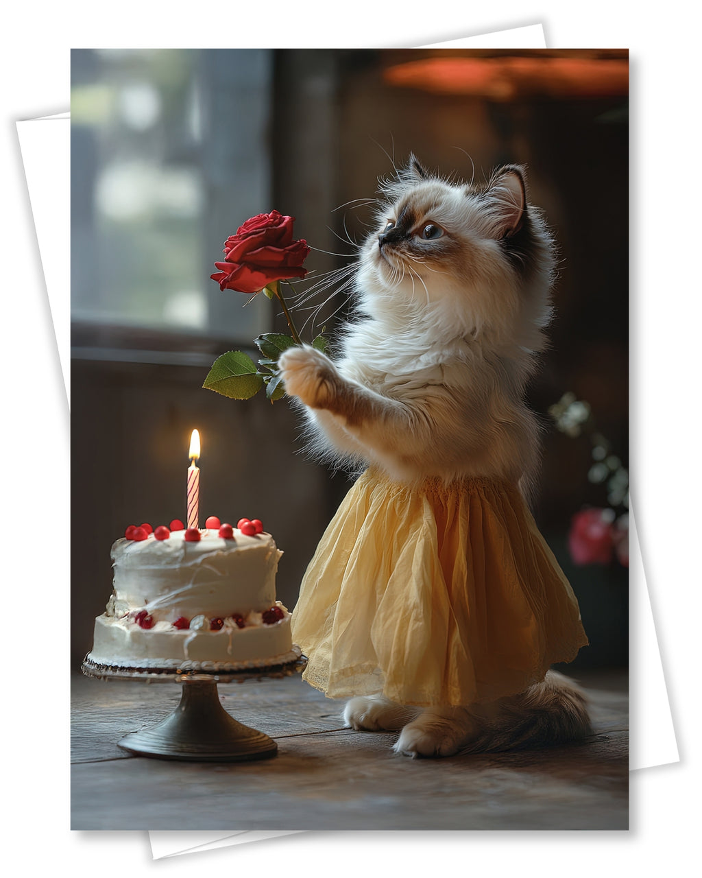 Happy Birthday Ragdoll Kitten Greeting Card Cute Cat in Dress with Cake and Rose – Blank Inside 5x7 Premium Card with Envelope – Made in USA by Pet-Friendly Business