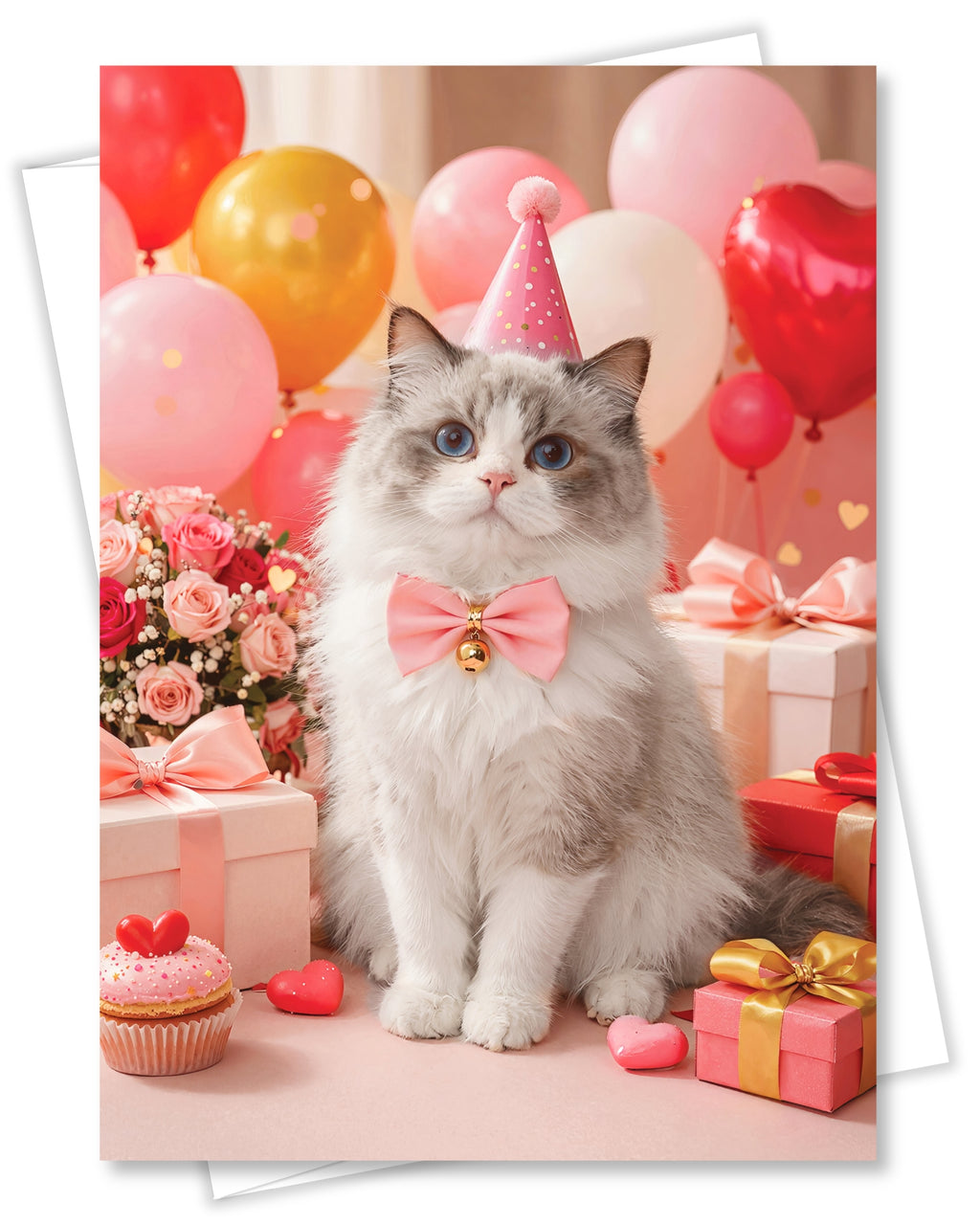 Ragdoll Cat Greeting Card with Roses – Romantic Cat Love Card for Valentine’s Day Anniversary Birthday Sweet Sixteen – Premium 5x7 Blank Card for Pet Lovers