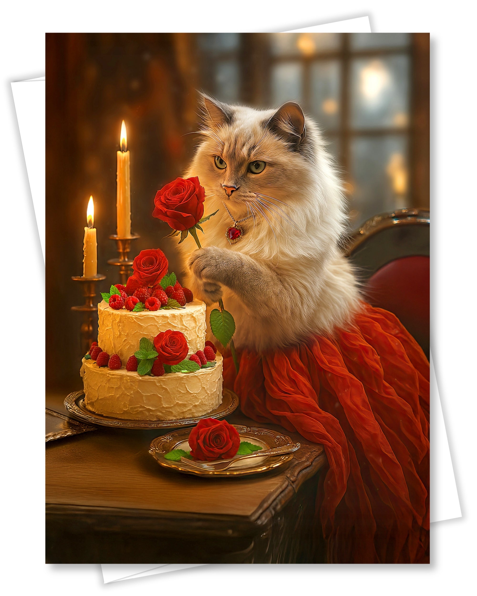 Ragdoll Cat with Cake and Red Rose Greeting Card – Blank Inside – Valentine’s Day, Birthday, Anniversary, or Thinking of You Card – Red Rose Collection by CatNeverland – 5x7 in, White Envelope, Made in USA