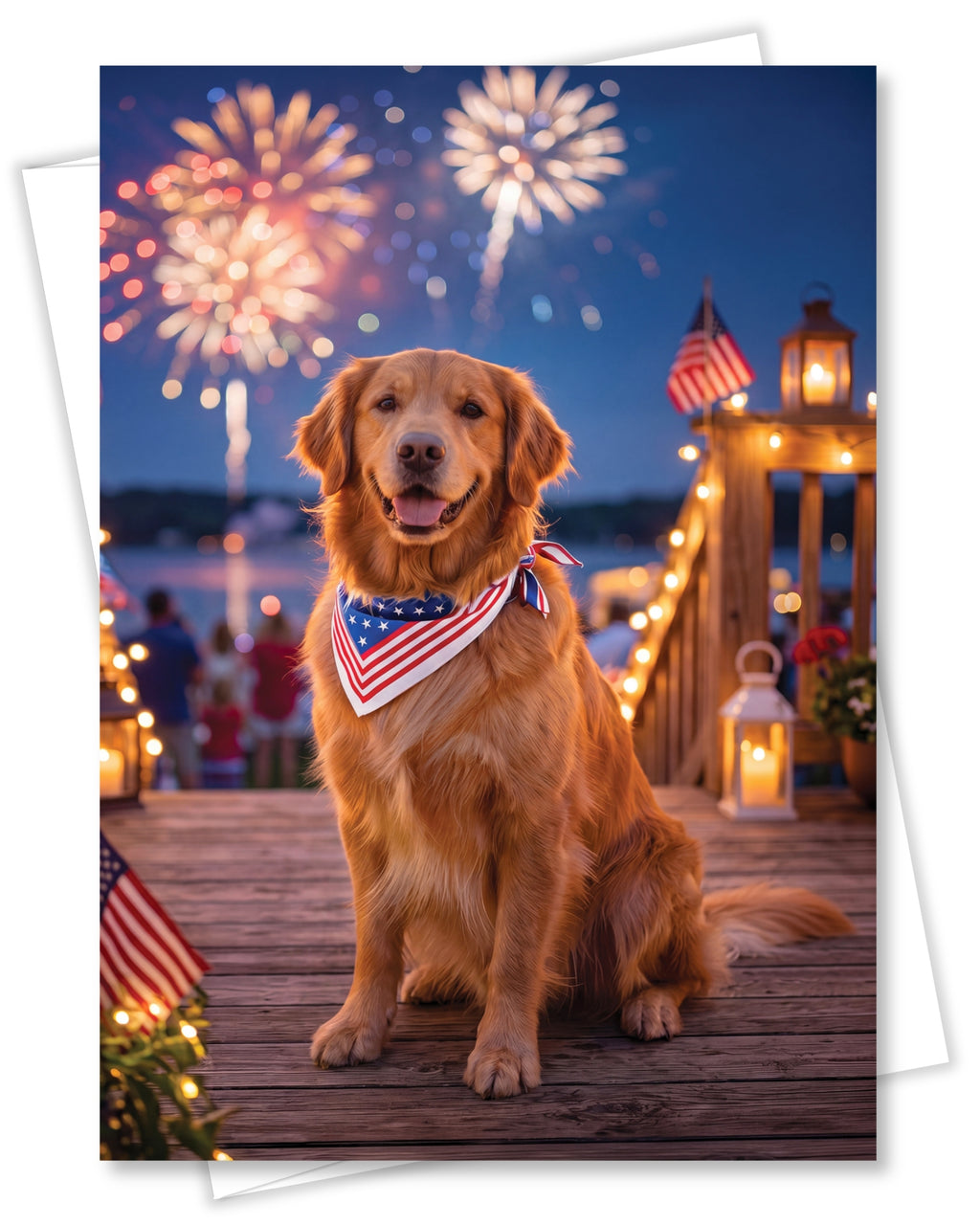 Golden Retriever 4th of July Greeting Card – Patriotic Dog Card with Fireworks – Premium 5x7 Independence Day Card with White Envelope – Blank Inside – Made in USA