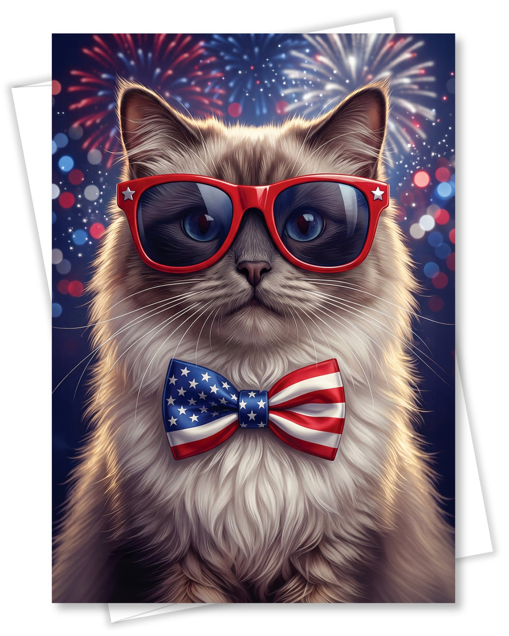 Ragdoll Cat 4th of July Greeting Card – Patriotic Cat with American Flag Bow Tie & Sunglasses – Premium 5x7 Independence Day Card with White Envelope – Blank Inside – Made in USA