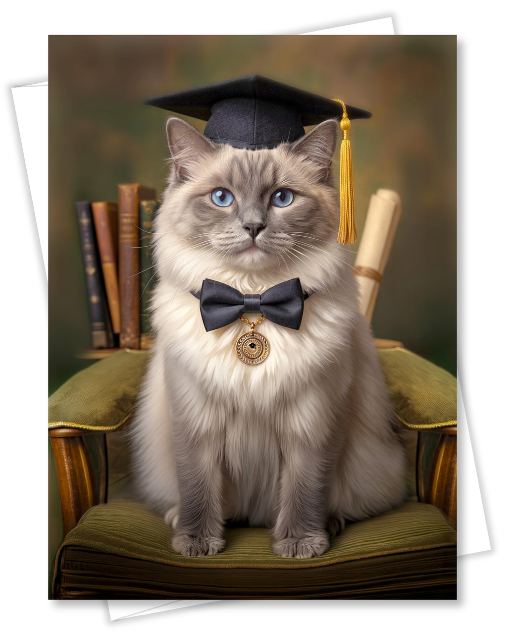 Ragdoll Cat Graduation Greeting Card 5x7” – Cute Cat in Cap & Bow Tie Congrats Card for Graduate – High School College Graduation Card with Envelope Blank Inside Made in USA