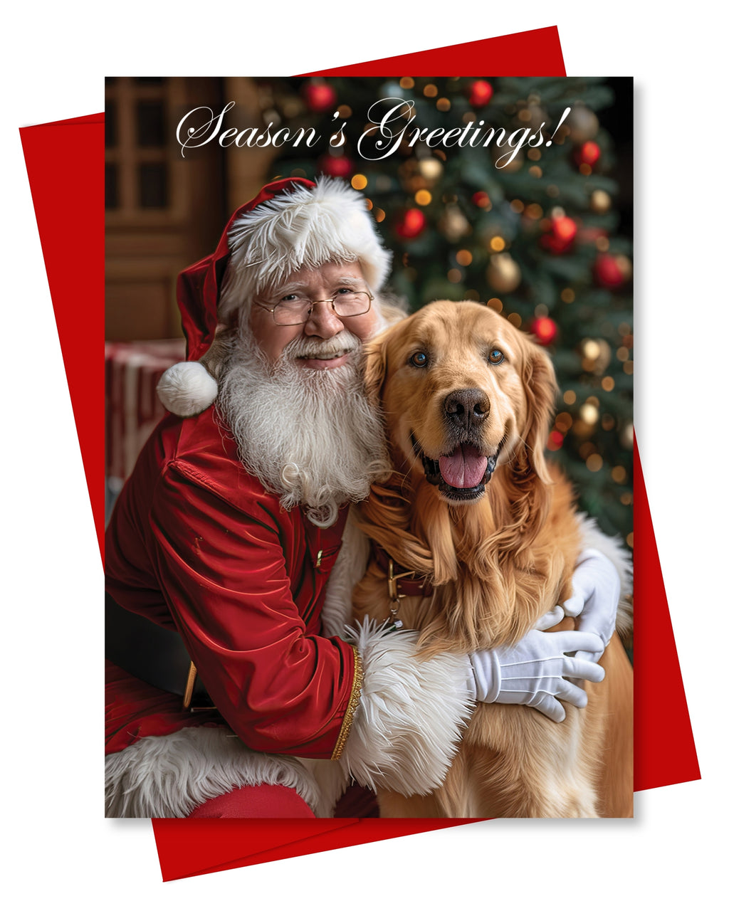 Santa with Golden Retriever Holiday Christmas Greeting Card, Blank Inside, Premium Cardstock, Red Envelope, Unique Artwork, Made by Small Pet-Friendly Business in USA