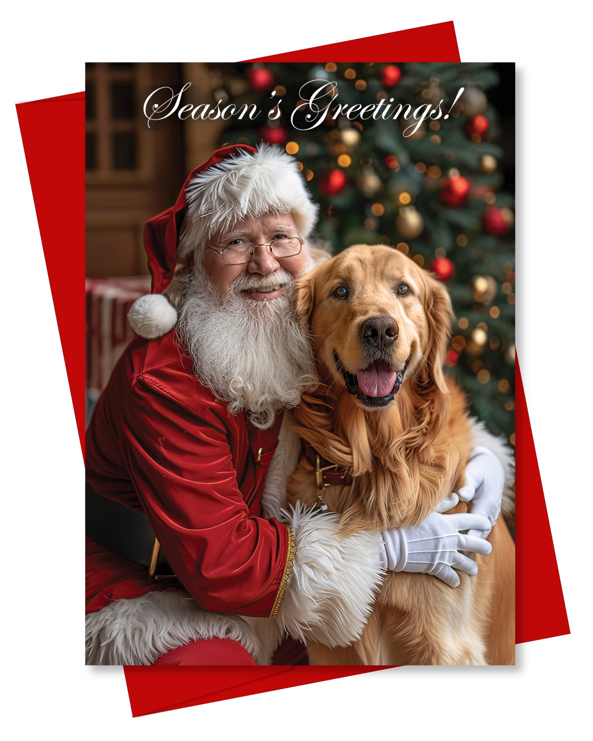 Santa with Golden Retriever Holiday Christmas Greeting Card, Blank Inside, Premium Cardstock, Red Envelope, Unique Artwork, Made by Small Pet-Friendly Business in USA