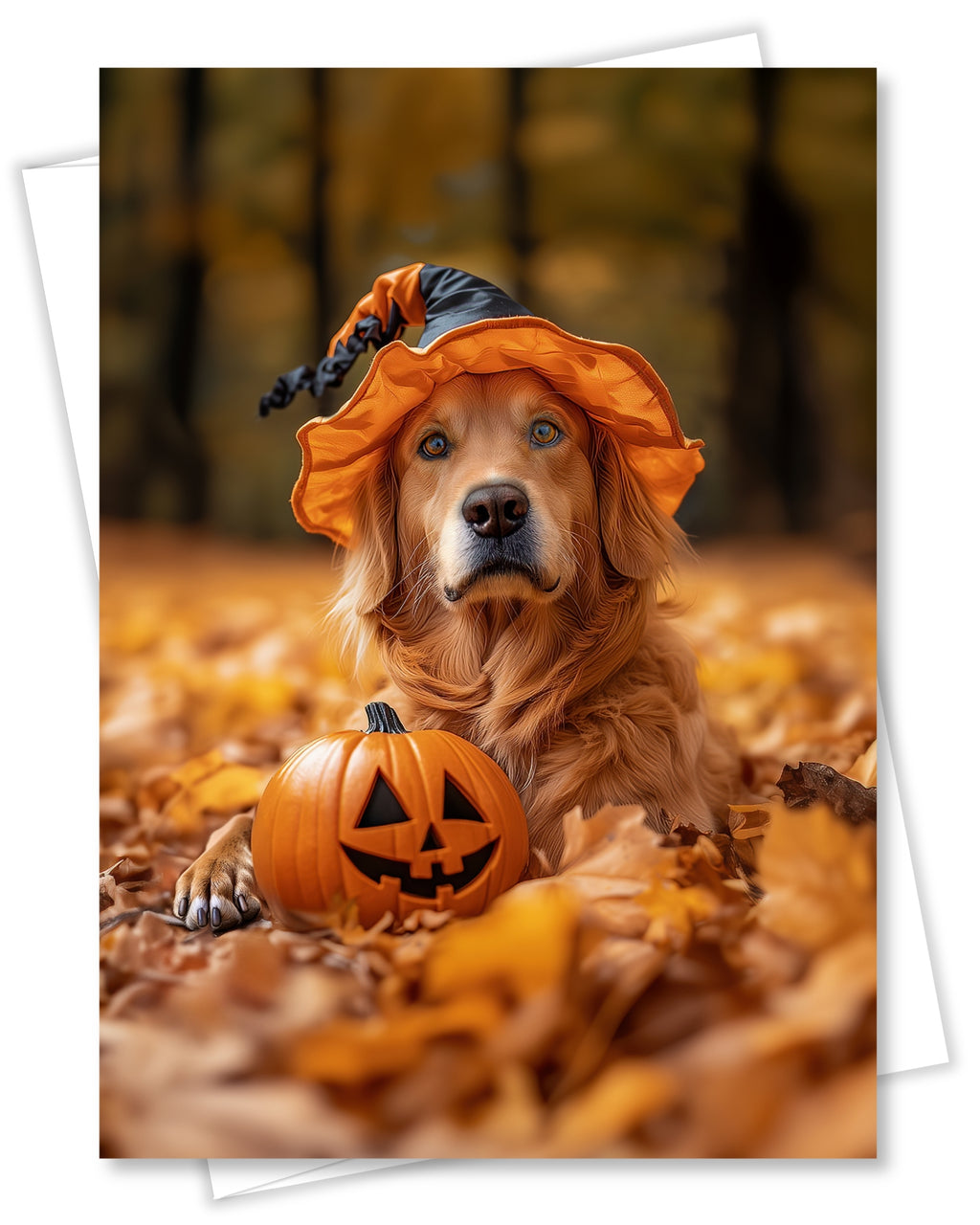 Golden Retriever Happy Halloween Greeting Card – Cute Dog in Costume with Pumpkin – Premium 5x7 Card with White Envelope – Pet Lovers Holiday Card – Made in USA