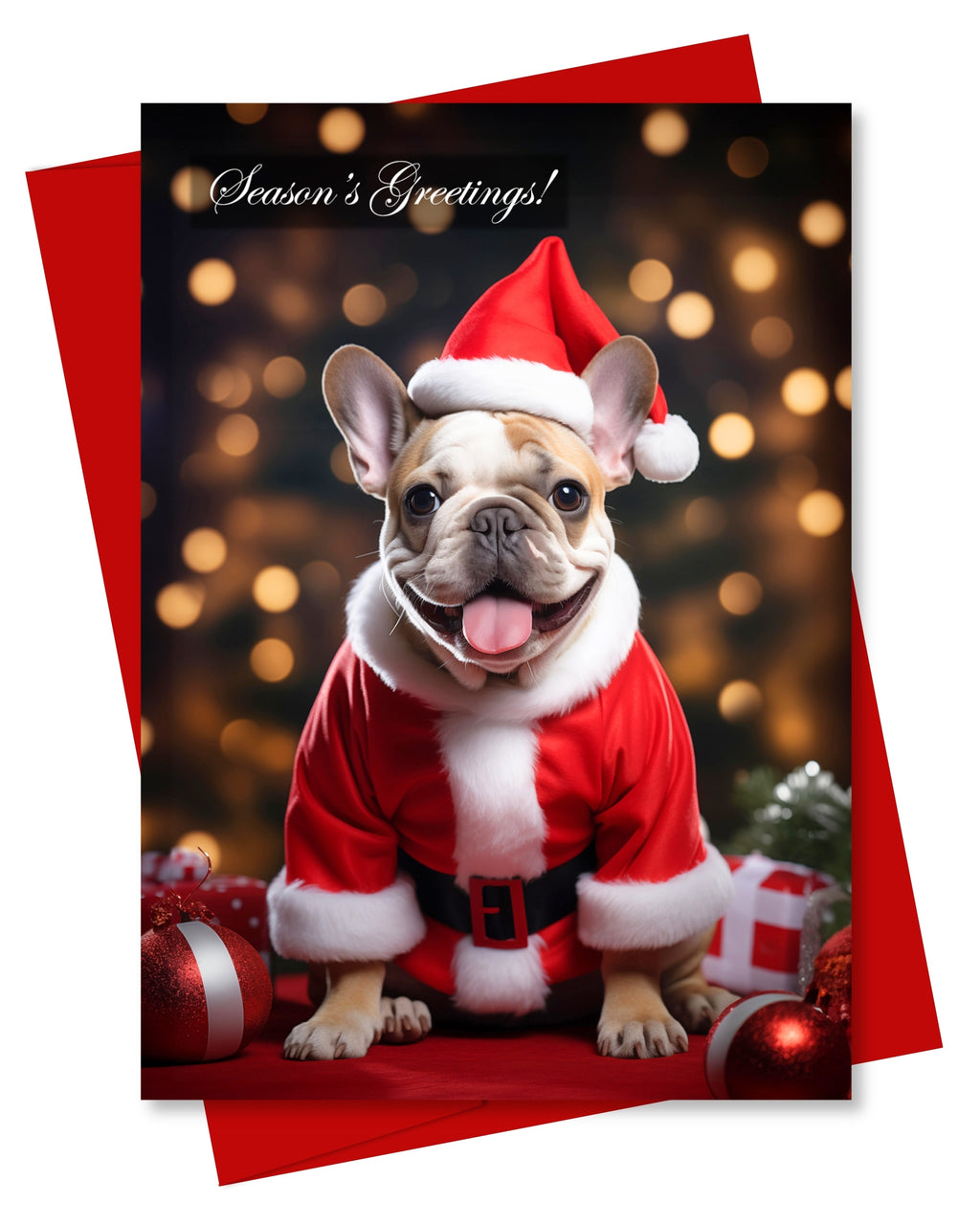 Festive French Bulldog Seasons Greetings Holiday Card - Unique Artwork from Dogs for Christmas Collection, Blank Inside, Premium Cardstock, Red Envelope, Made by Pet-Friendly Small Business in USA