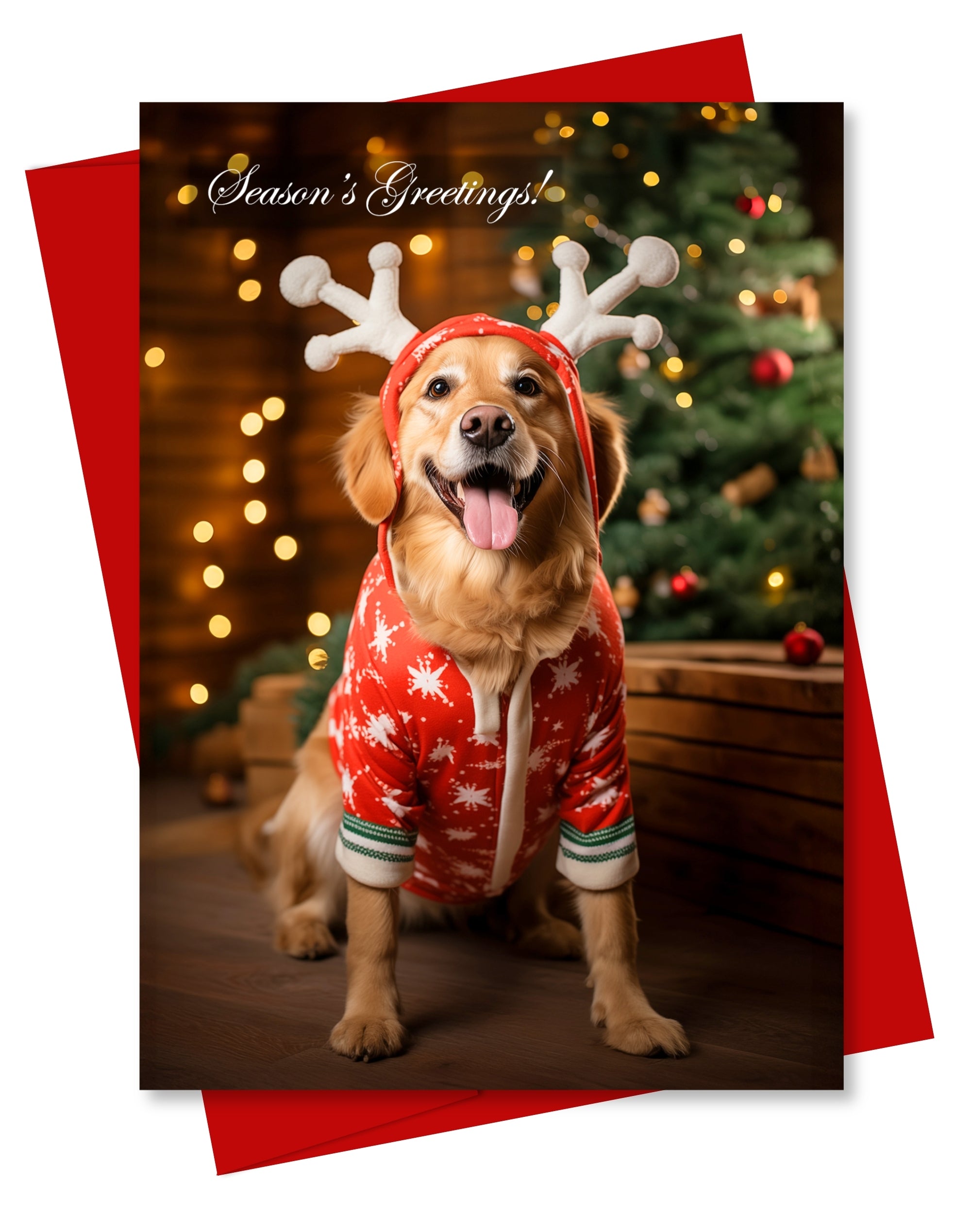 Charming Golden Retriever Reindeer Holiday Card from Dogs for Christmas Collection, Blank Inside, Premium Cardstock, Red Envelope, Made by Pet-Friendly Small Business in USA