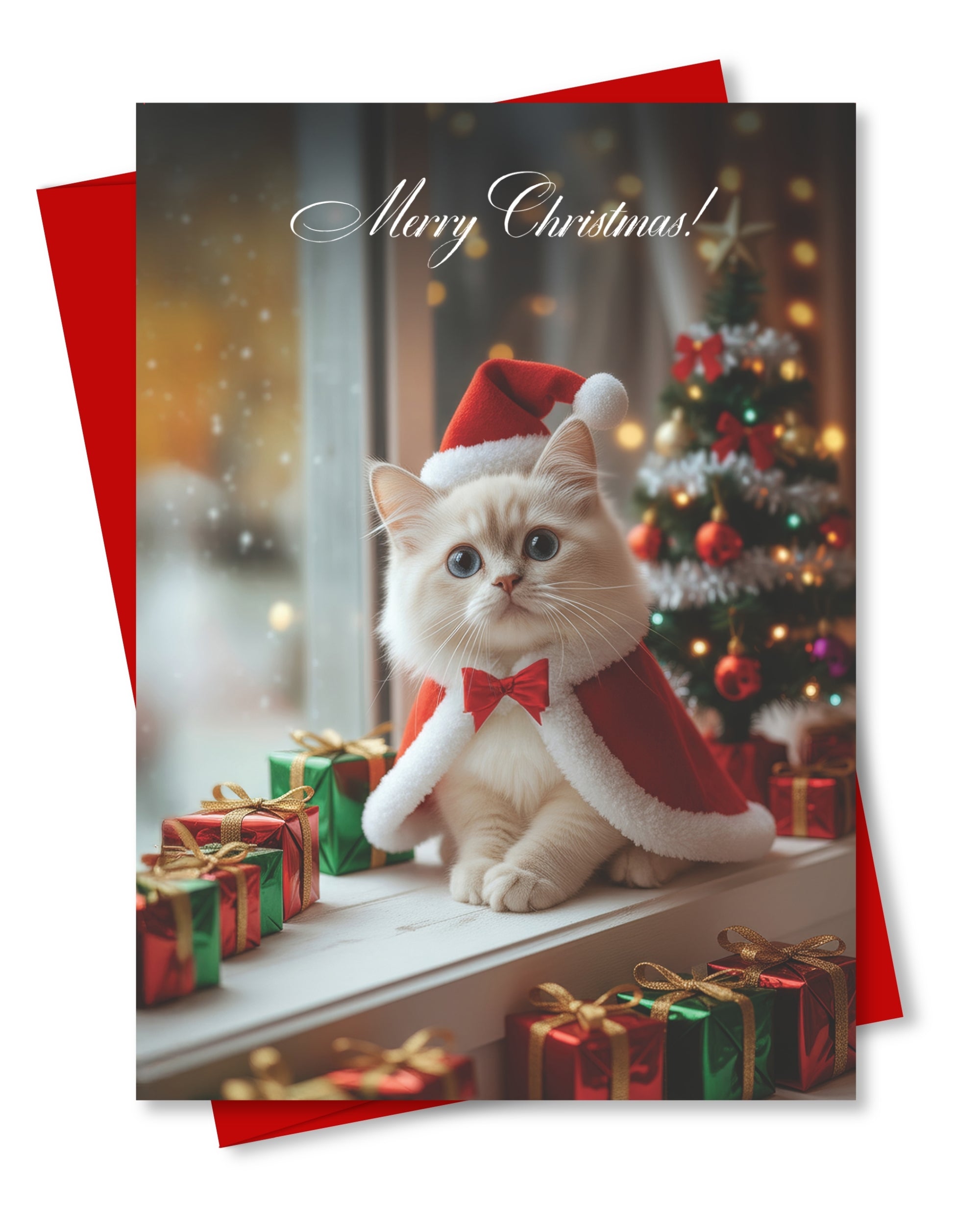 Ragdoll Kitten Christmas Greeting Card – Merry Christmas Cat Card for Pet Lovers, Blank Inside, 5x7” Premium Holiday Card with Red Envelope – Cute Cat Art, Made in USA by Pet-Friendly Small Business
