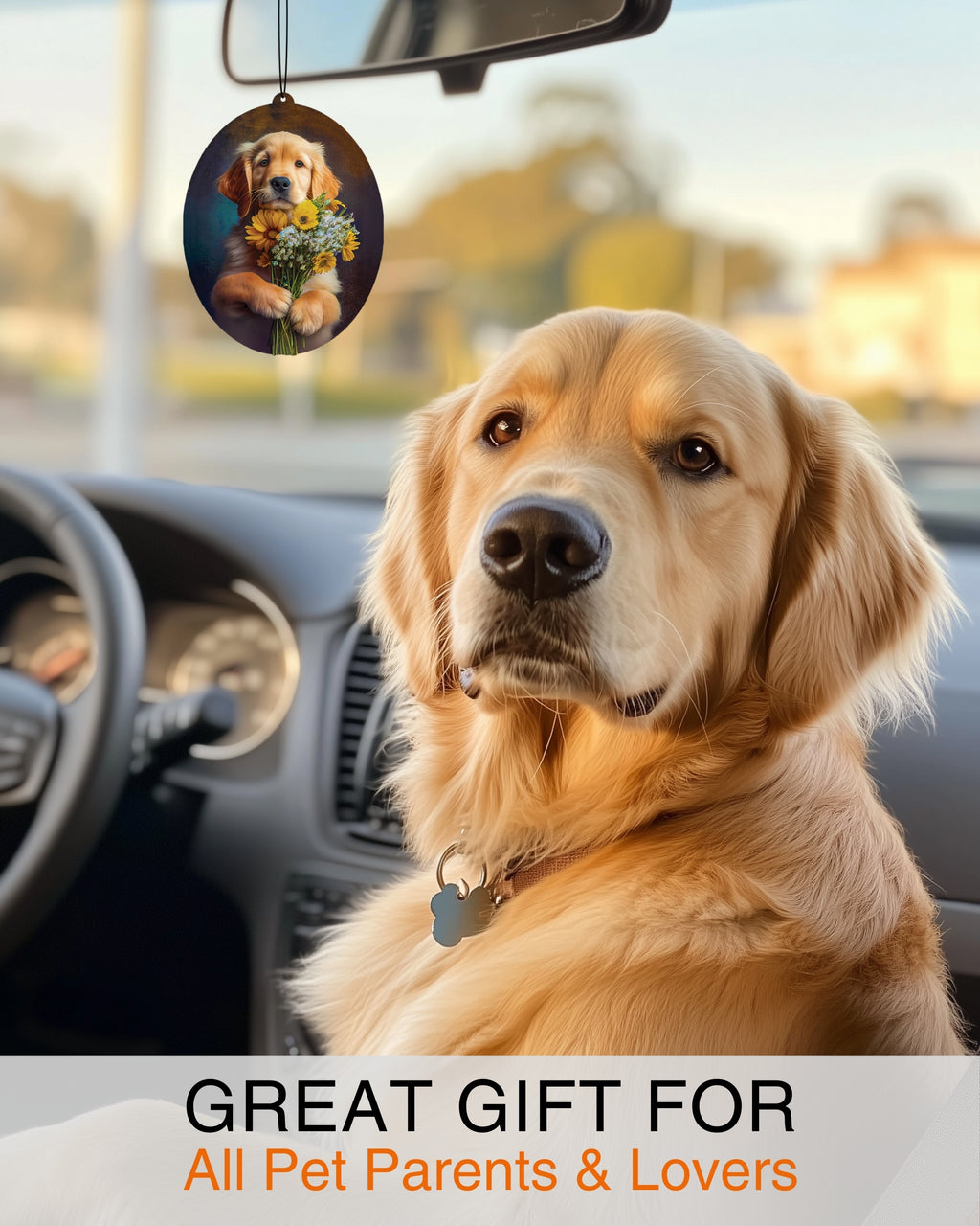 Golden Retriever - Dog Car Air Freshener - Cute Hanging Dog With Flowers Decor Black Ice Scent, Infusible with Your Own Scent, Pet Safe, Non-Toxic, Freshener for Car, Closet, Office Size - 3x4"