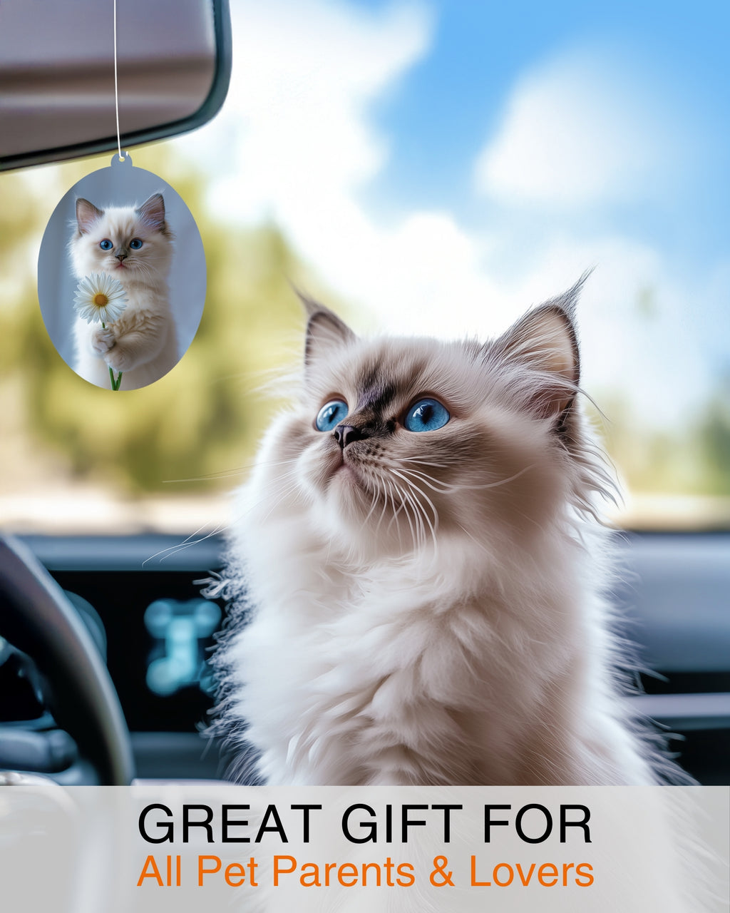 Ragdoll Kitten - Cat Car Air Freshener - Cute Hanging Daisy Cat Decor New Car Scent, Infusible with Your Own Scent, Pet Safe, Non-Toxic, Freshener for Car, Closet, Office Size - 3x4"