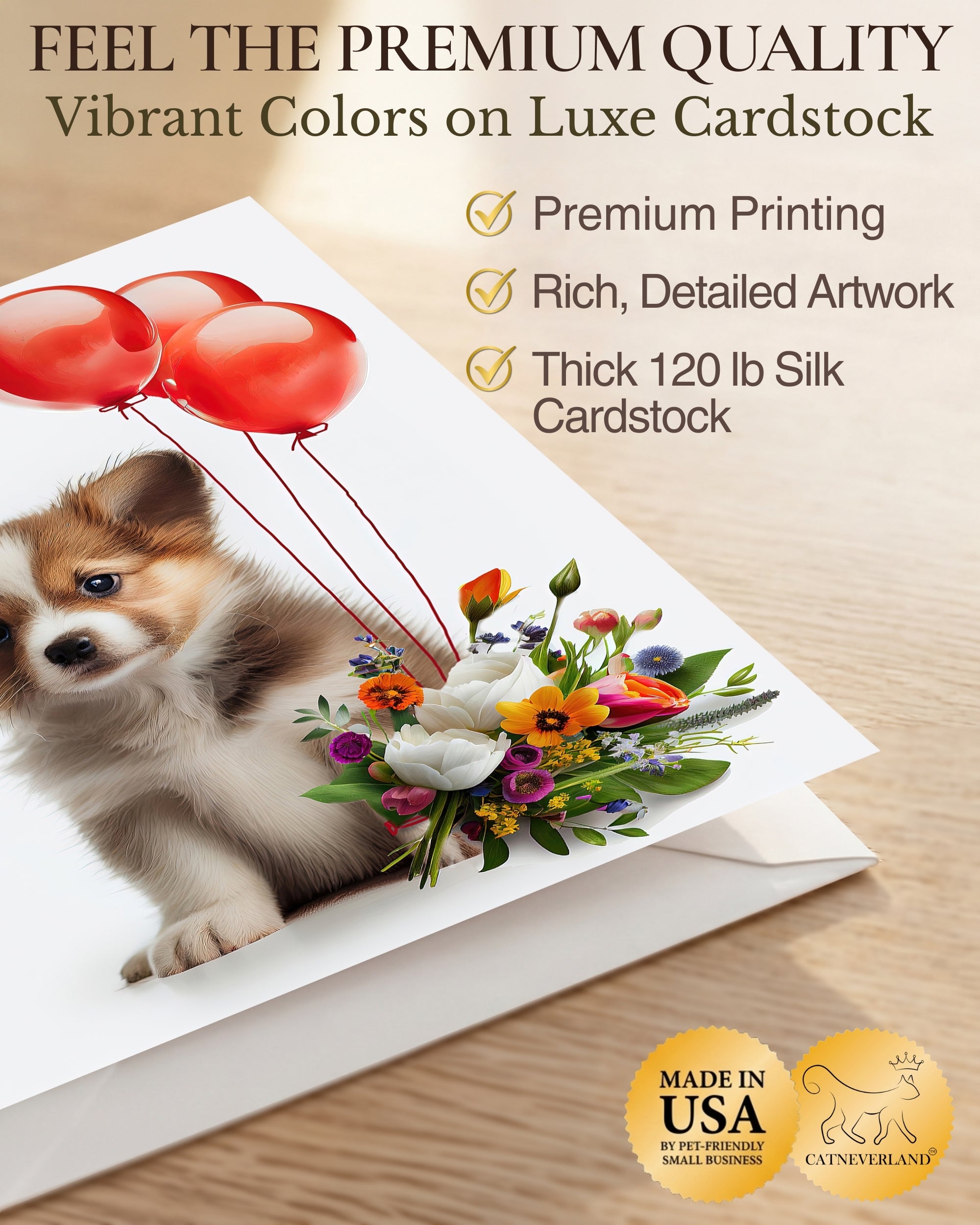 Puppy with Red Balloons and Flowers All Occasions Greeting Card from Unique Dogs Party Delights Collection Large 5x7 Inch Blank Inside with Envelope