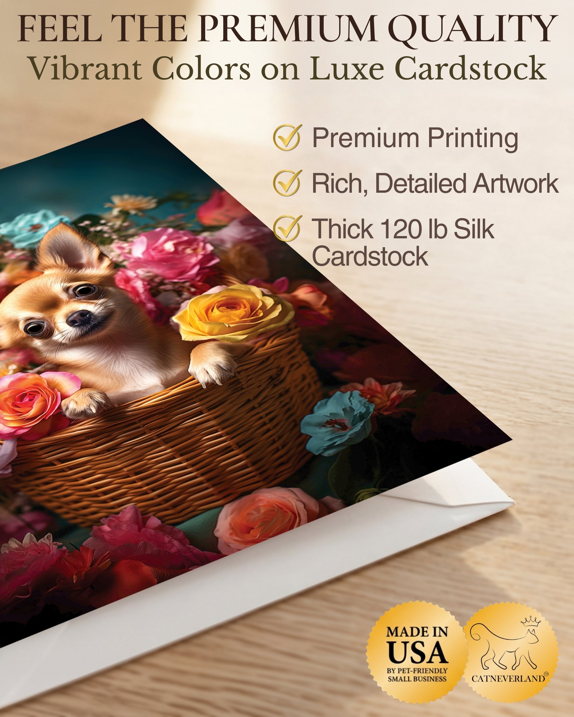 Chihuahua with Flowers All Occasions Greeting Card from Unique Dogs Party Delights Collection Large 5x7 Inch Blank Inside with Envelope