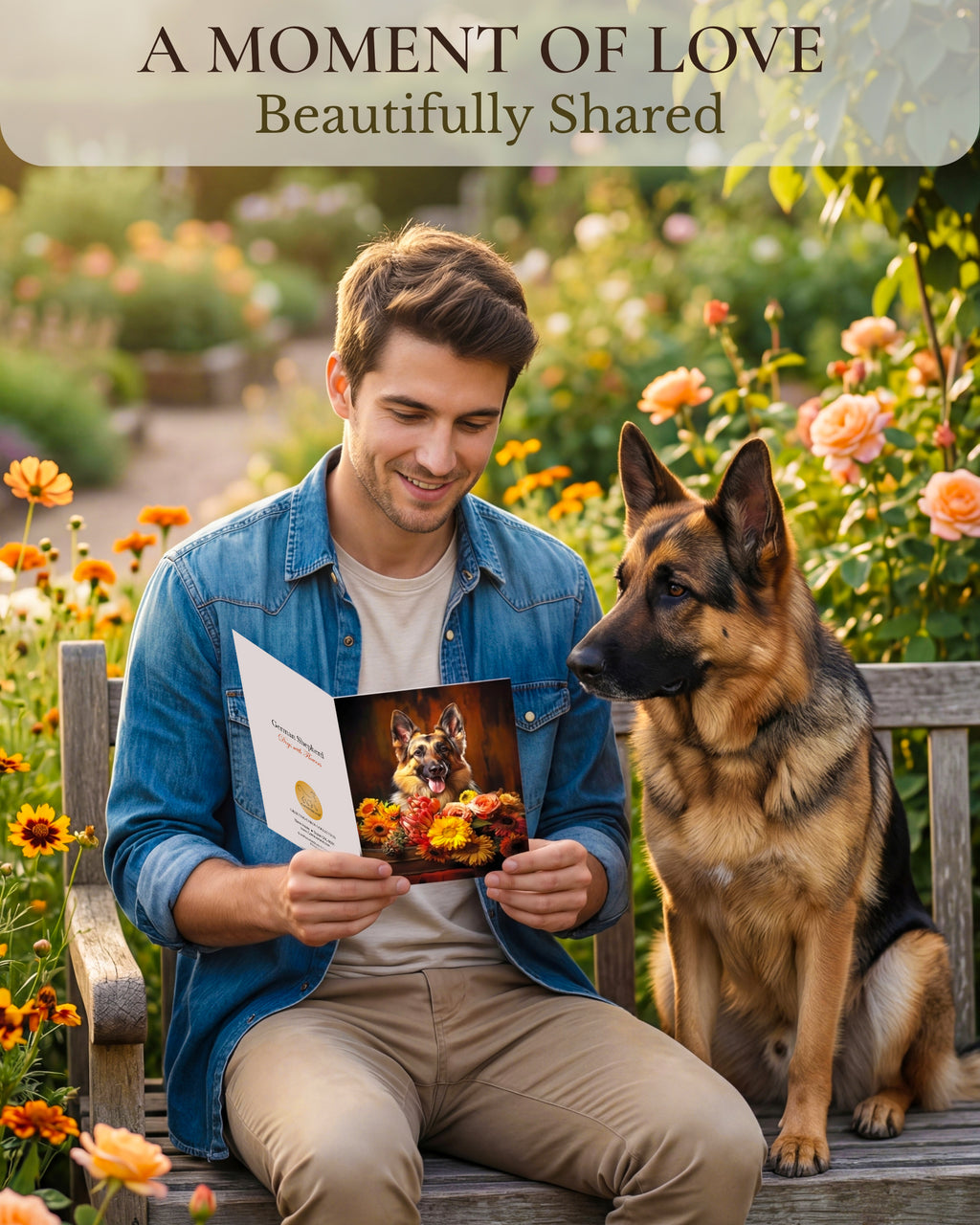 German Shepherd with Flowers All Occasions Greeting Card from Unique Dogs Party Delights Collection Large 5x7 Inch Blank Inside with White Envelope