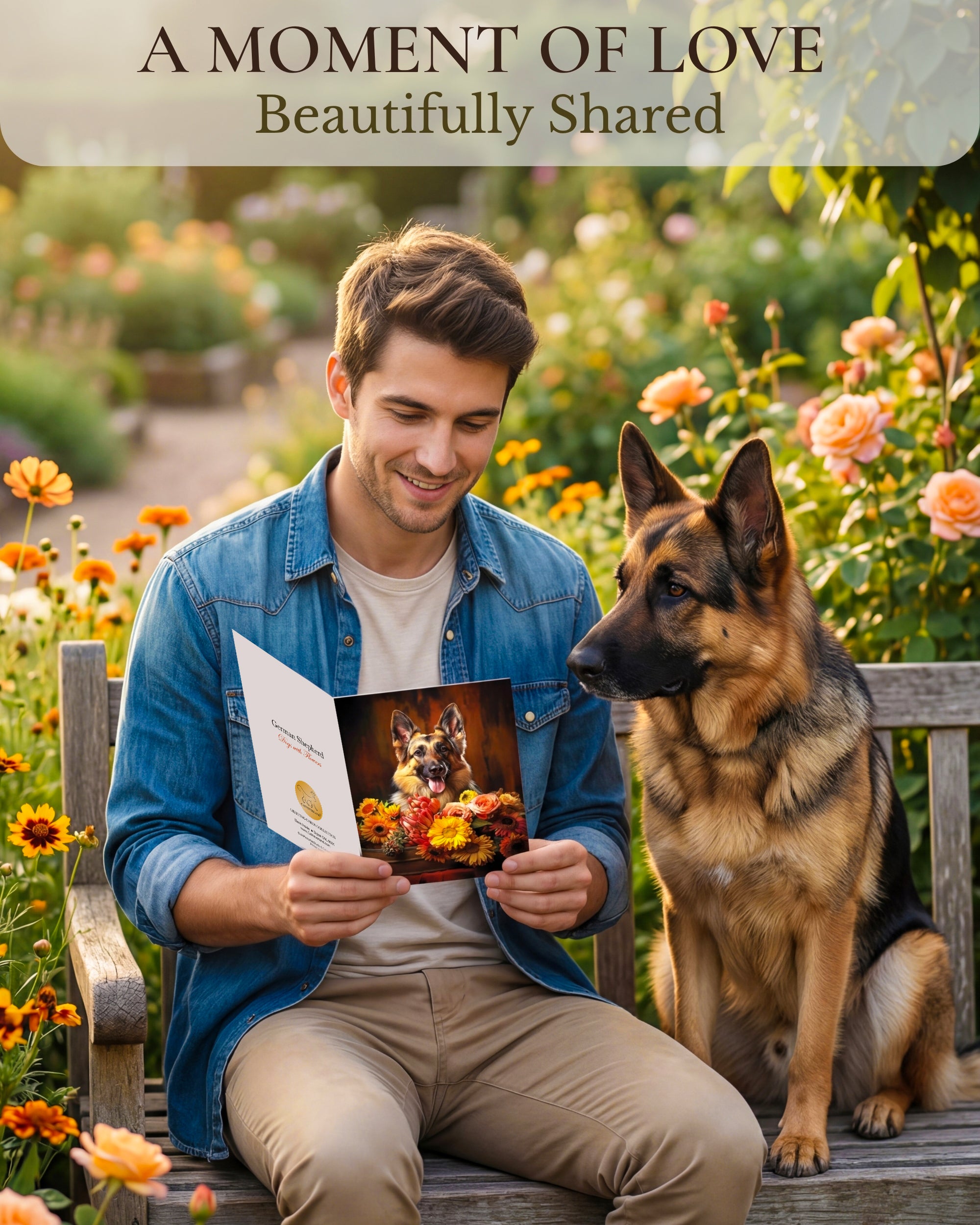 German Shepherd with Flowers All Occasions Greeting Card from Unique Dogs Party Delights Collection Large 5x7 Inch Blank Inside with White Envelope