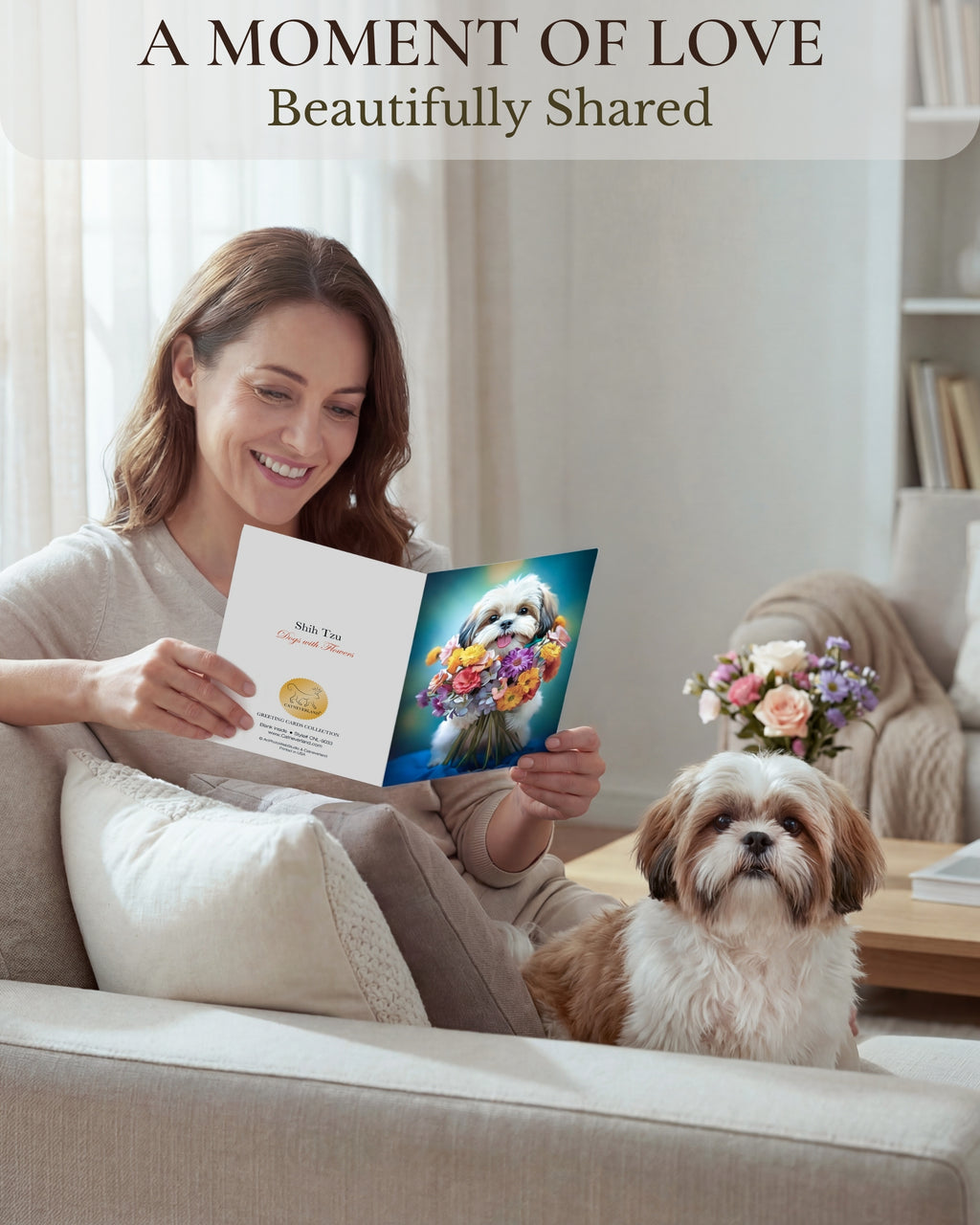 Shih Tzu with Flower All Occasions Greeting Card - 5x7 Inch, Collection Dogs with Flowers, Premium Cardstock, Blank Inside, White A7 Envelope, Eco-Friendly