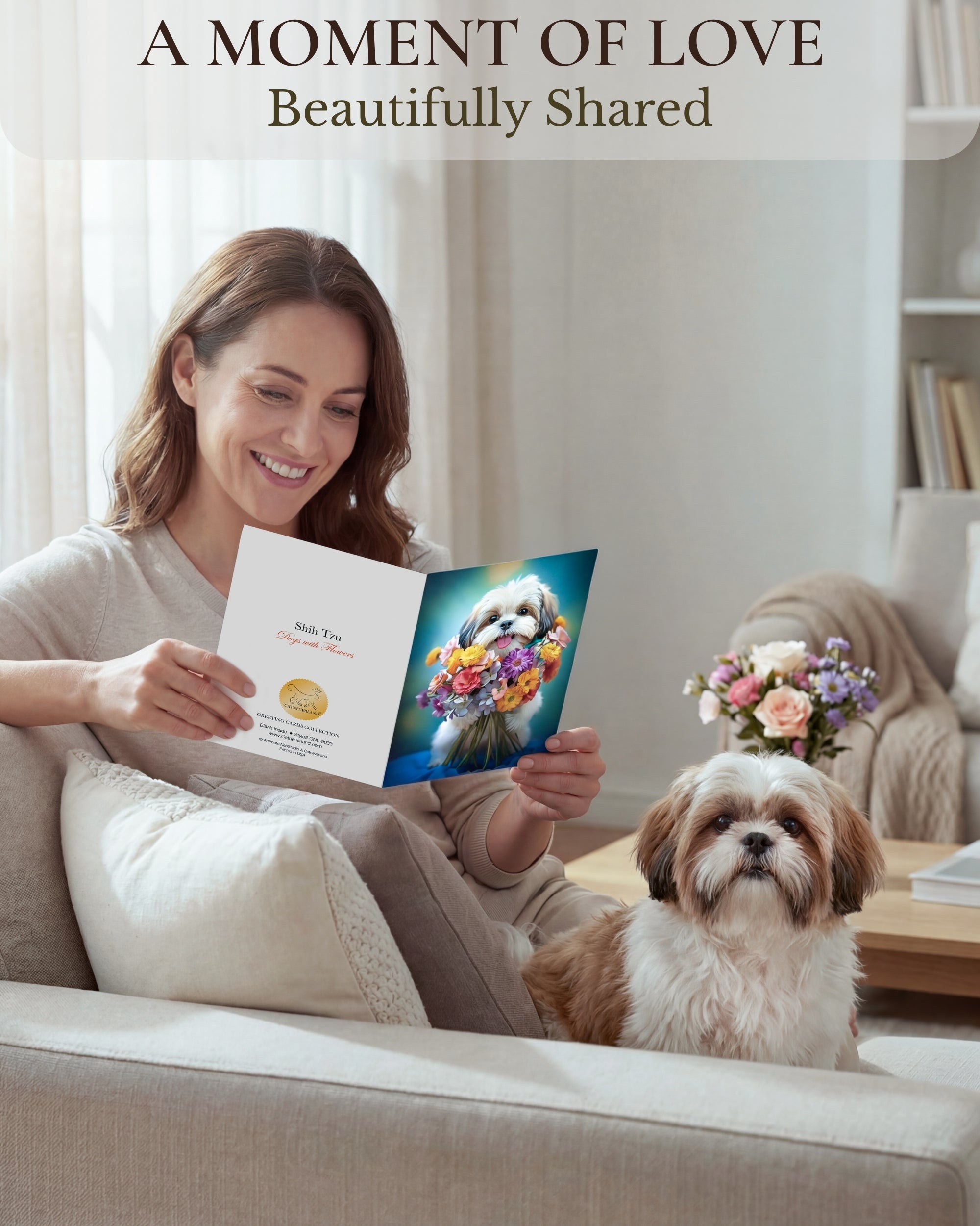 Shih Tzu with Flower All Occasions Greeting Card - 5x7 Inch, Collection Dogs with Flowers, Premium Cardstock, Blank Inside, White A7 Envelope, Eco-Friendly