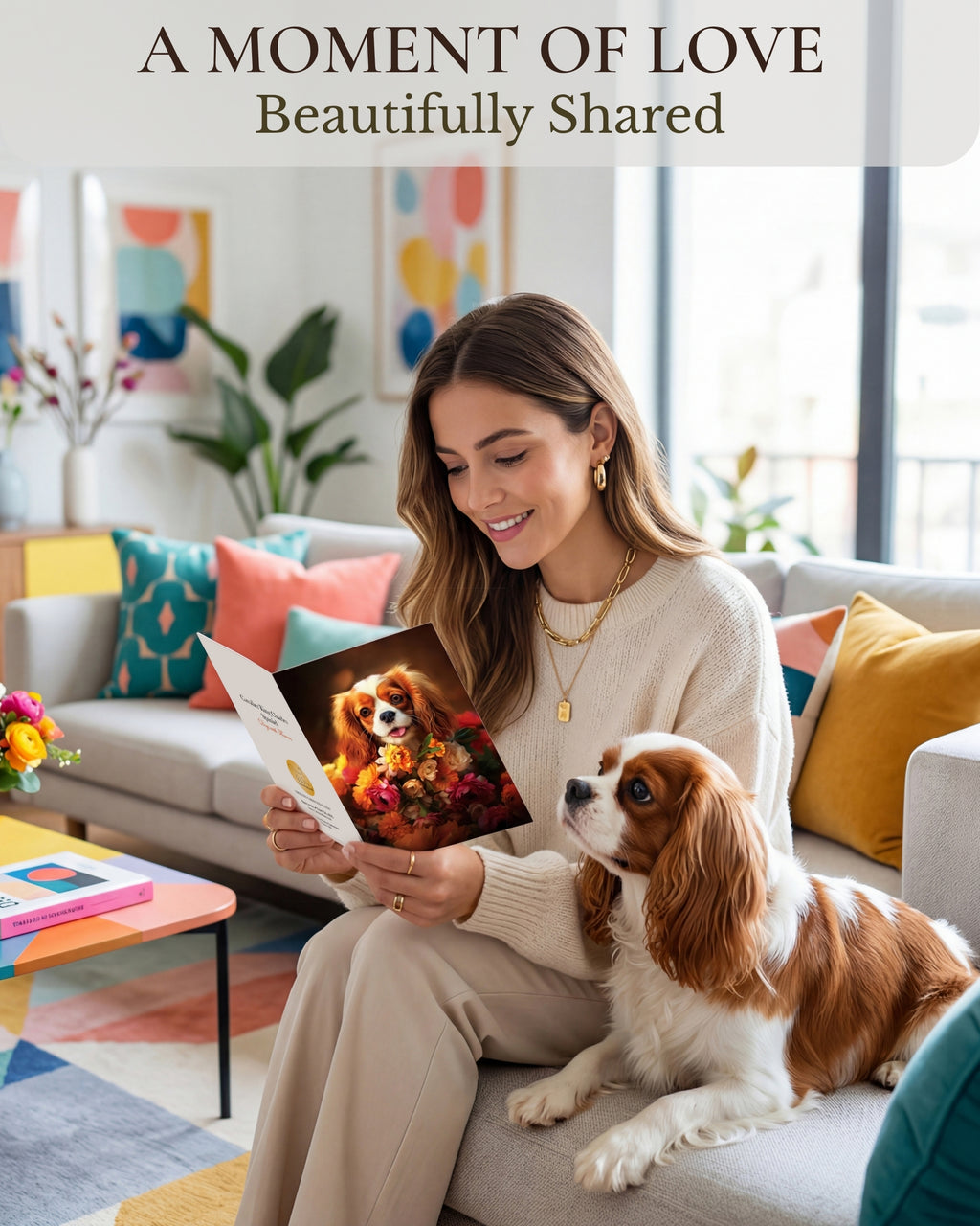 Cavalier King Charles Spaniel with Flowers All Occasions Greeting Card - Dog with Flowers from Unique Dogs Party Delights Collection - Large 5x7 Inch - Blank Inside with A7 Invitation Style White