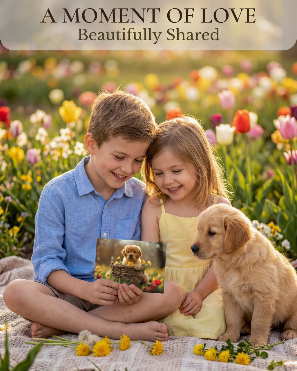 Golden Retriever Puppy All Occasions Greeting Card - Dog with Flowers from Unique Dogs Party Delights Collection - Large 5x7 Inch - Blank Inside with White Envelope